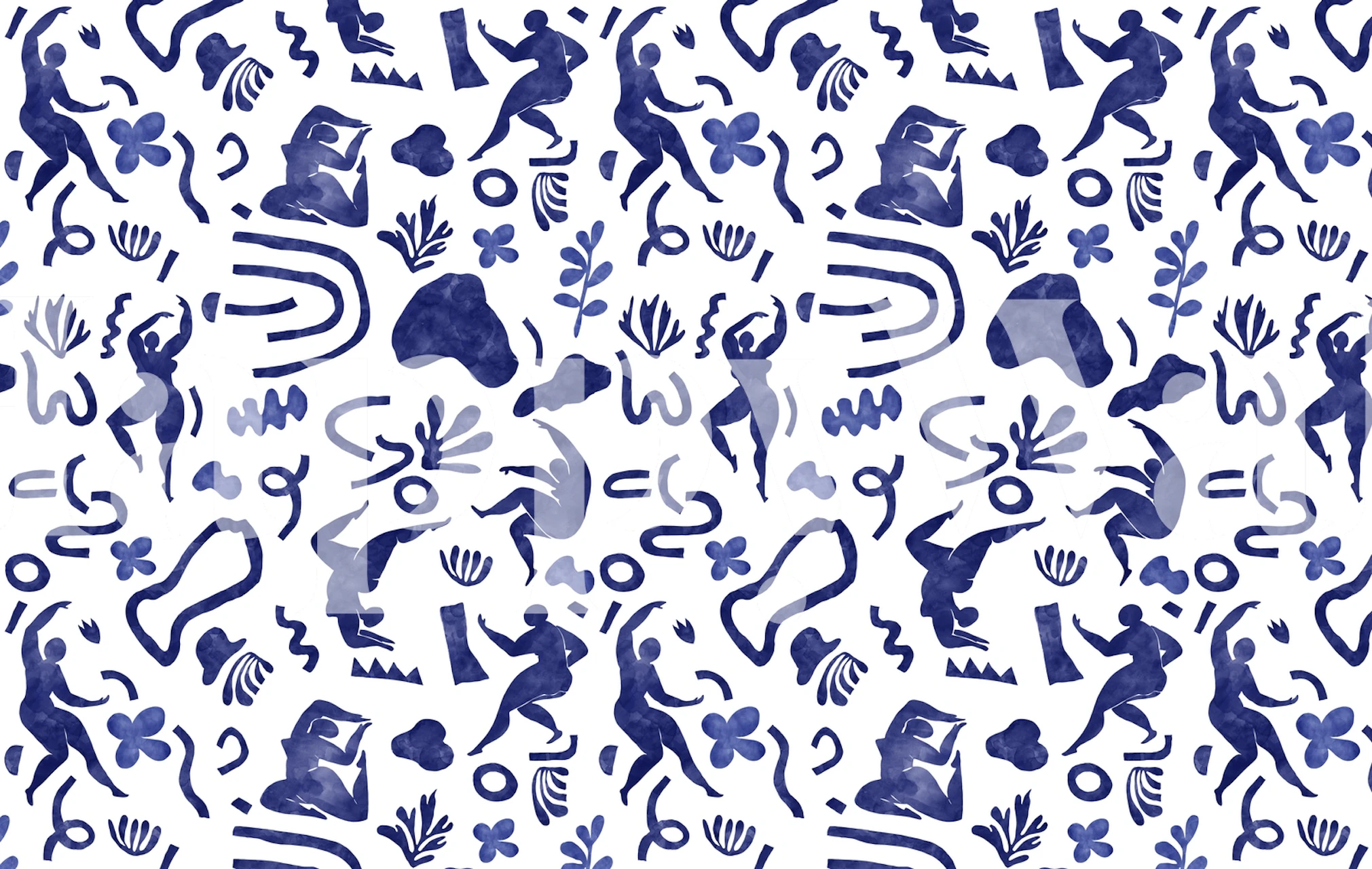 Abstract women and nature pattern wall mural in indigo blue