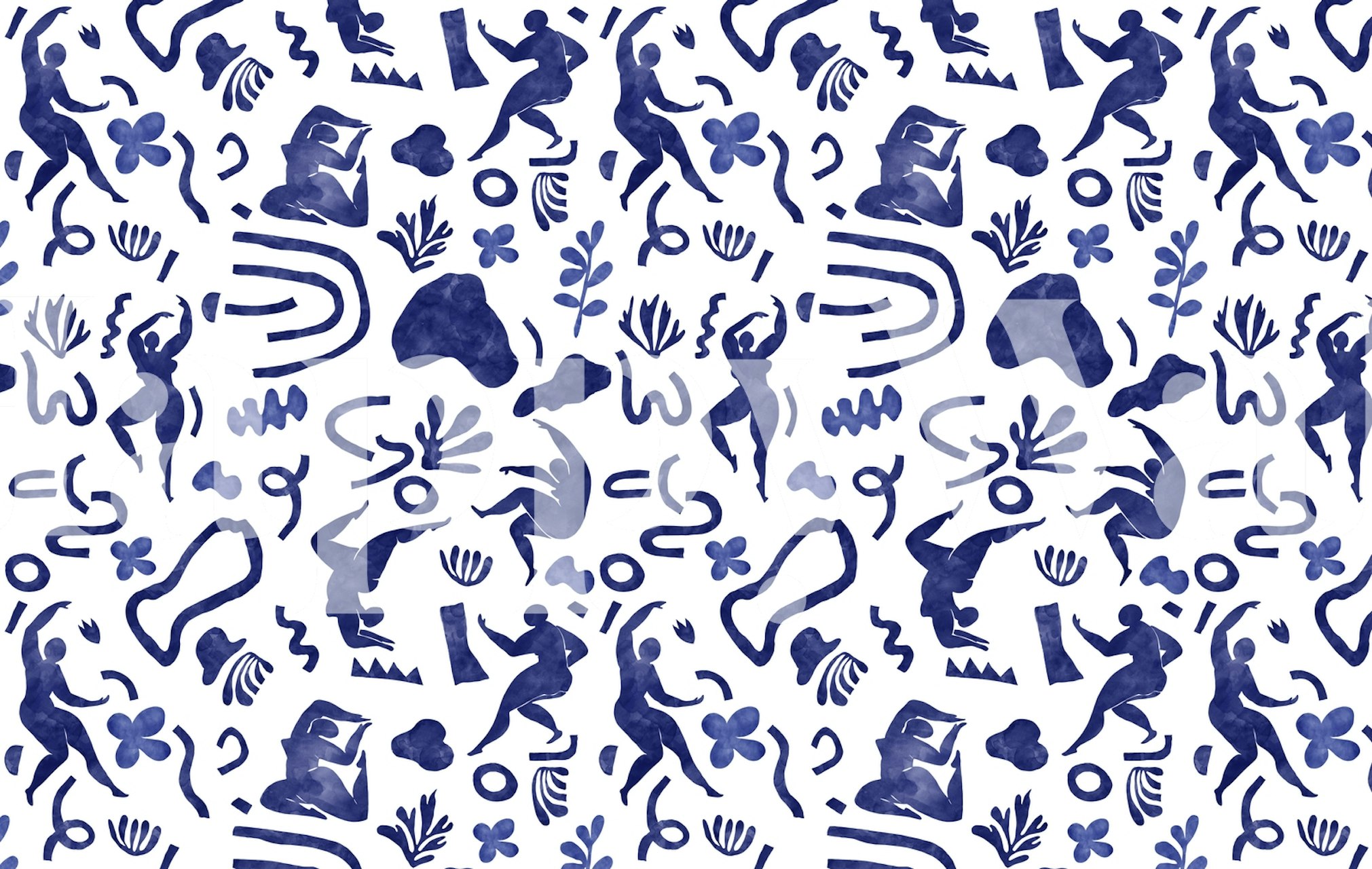 Abstract women and nature pattern wall mural in indigo blue