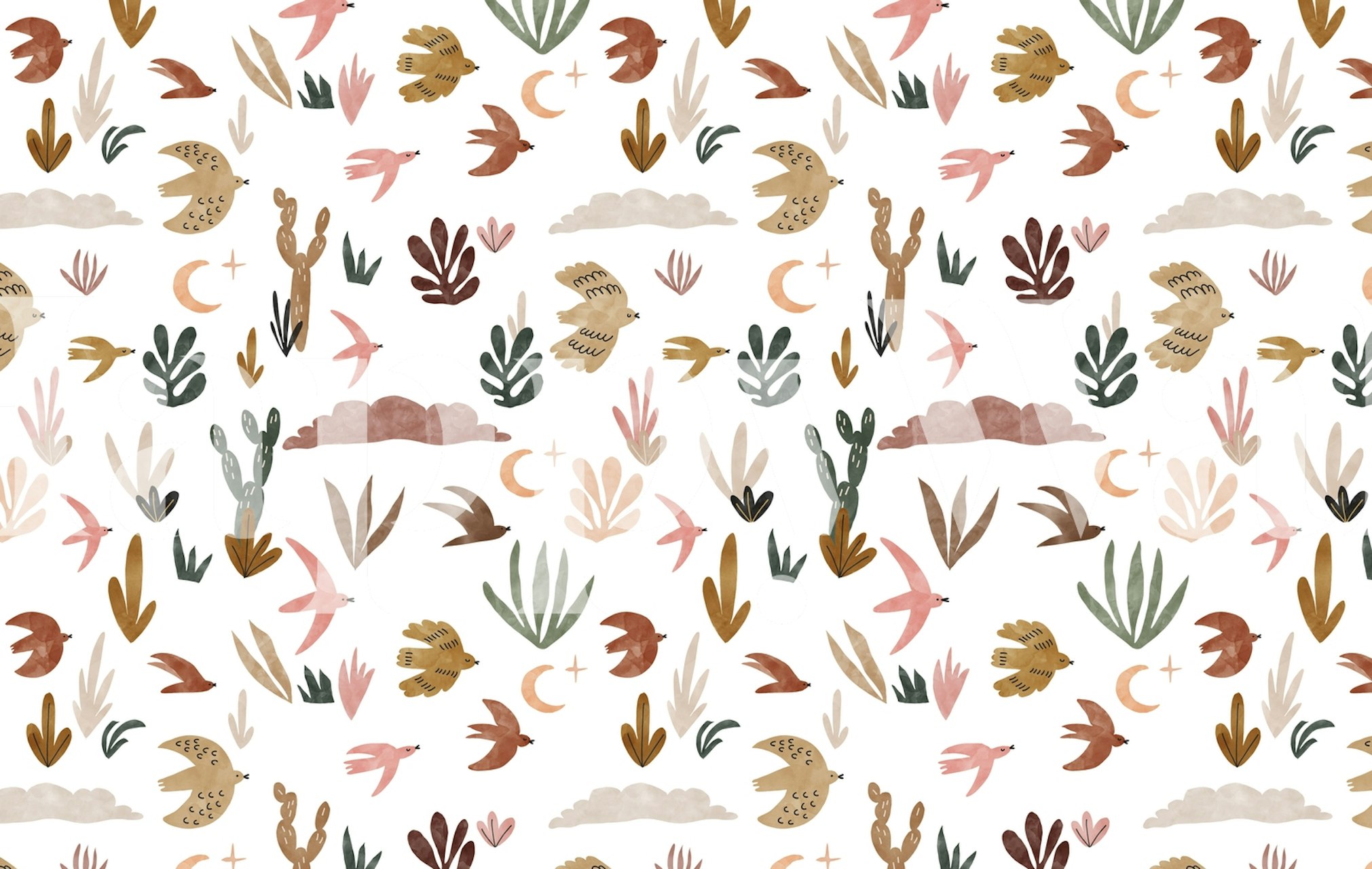 Floral and bird patterns in soft earthy colors wallpaper