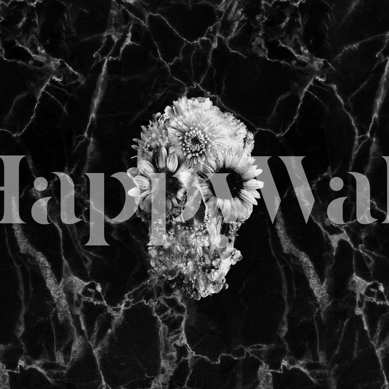 Floral Marble Skull wall mural on a dark marble background with black and white floral patterns