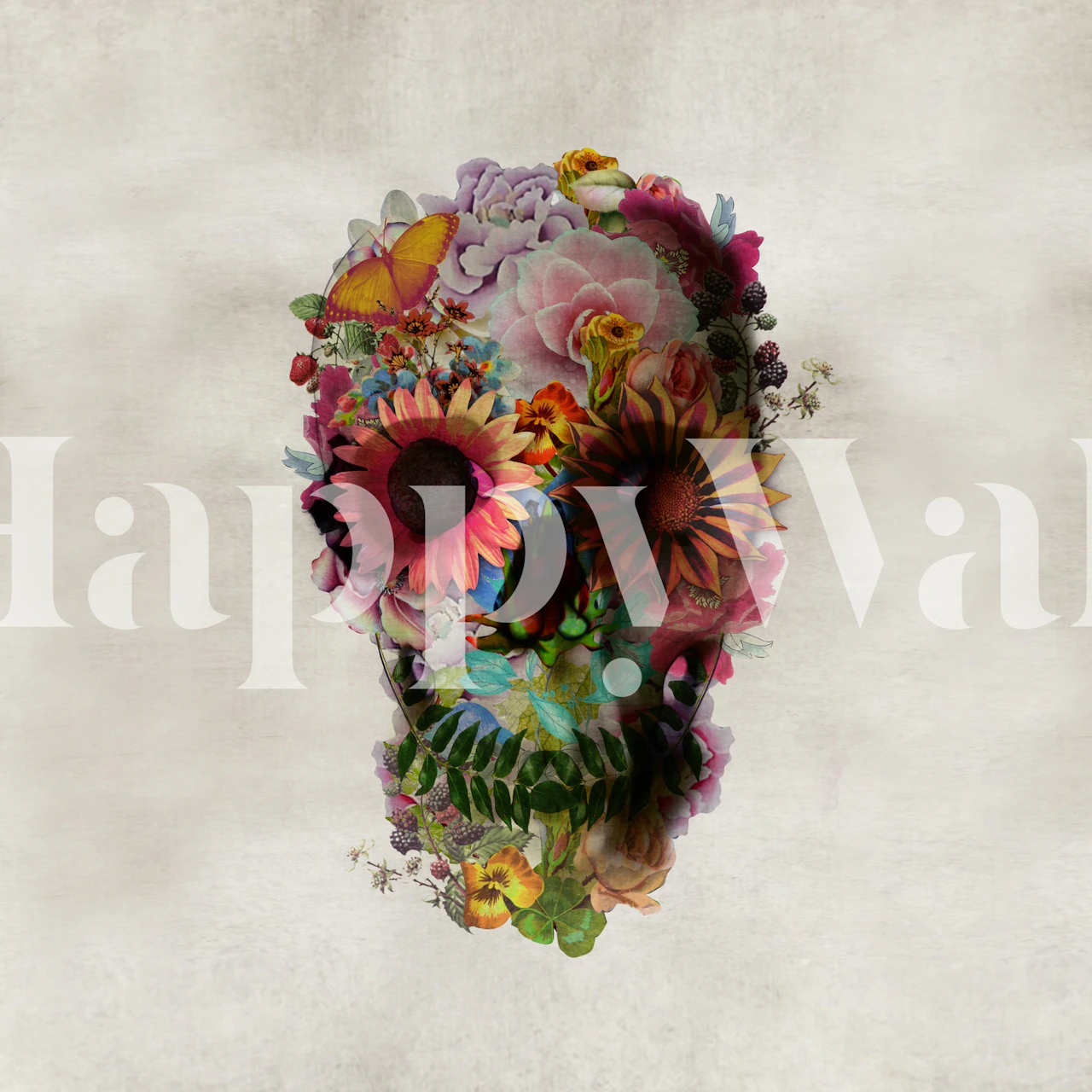 Floral skull design featuring colorful flowers and butterflies wallpaper