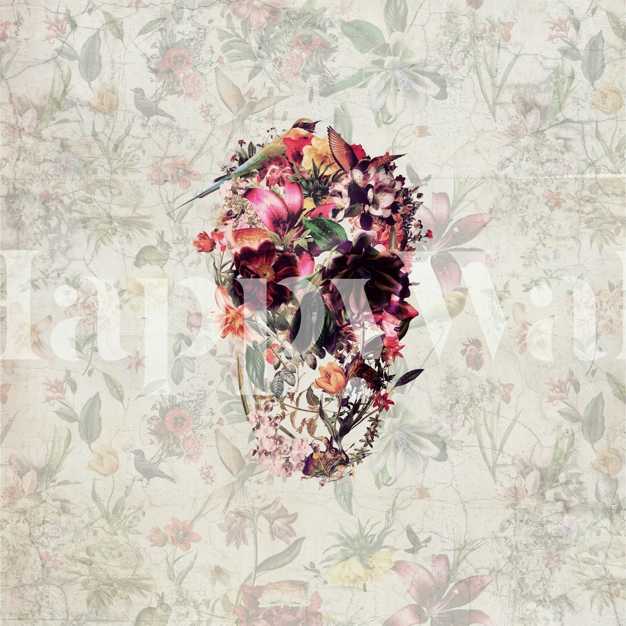 Fotomural con estampado de calavera floral y fondo sutil