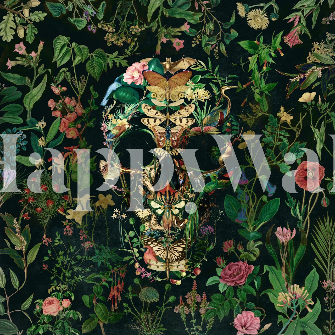 Floral skull design with vibrant flowers and plants wallpaper