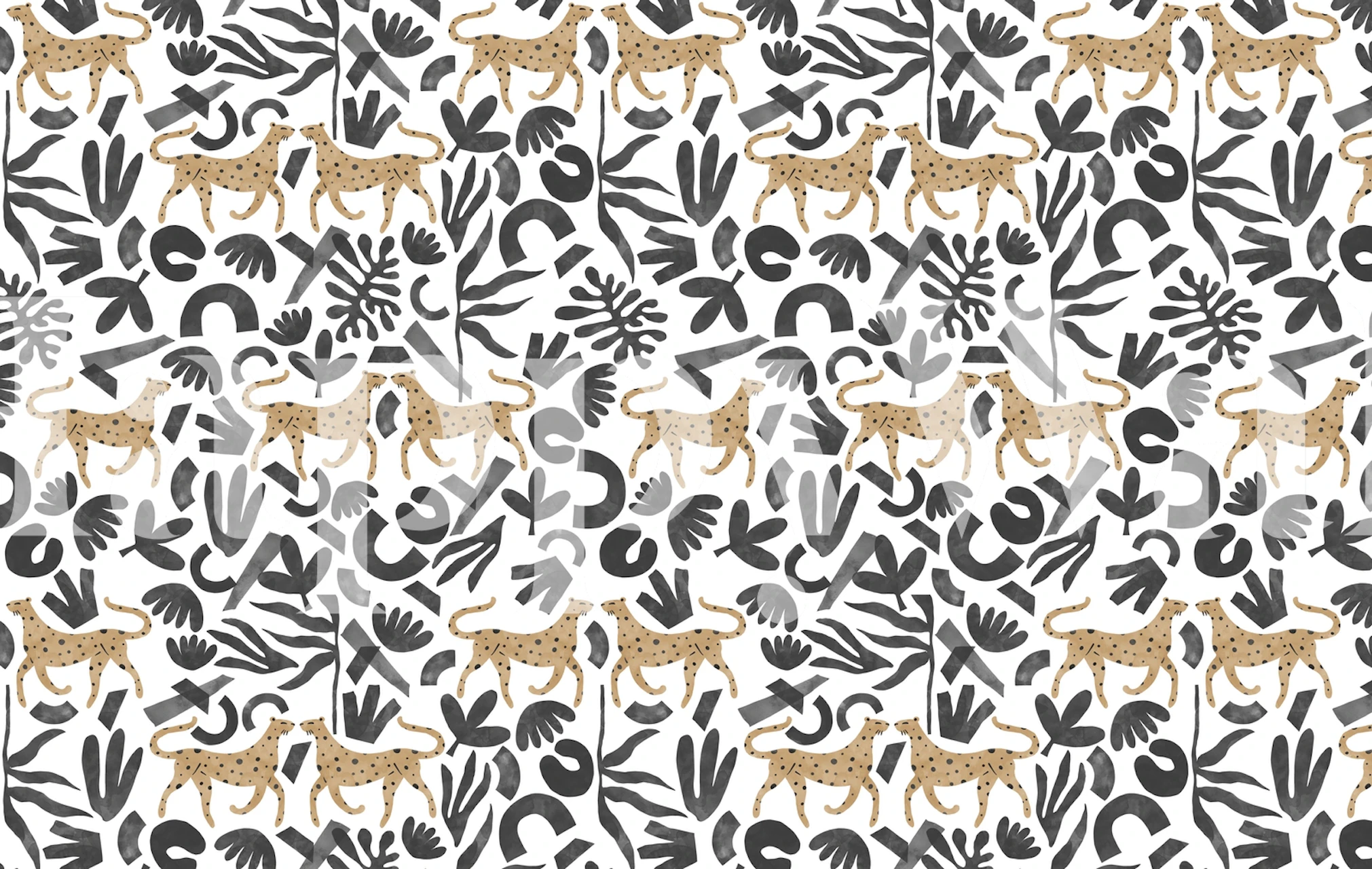 leopard patterns with tropical leaves in black and white wallpaper