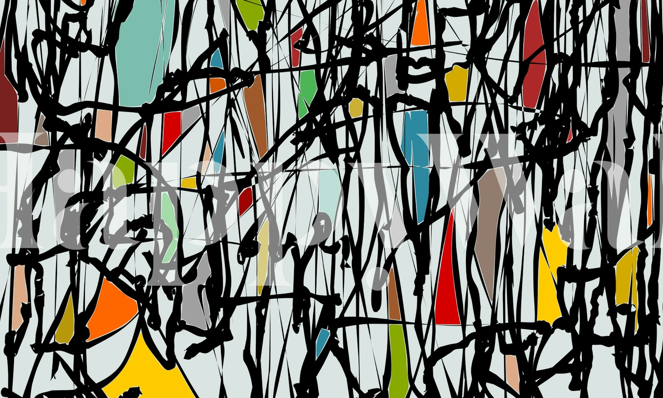 Kleurrijk abstract design met geometrische vormen en zwarte lijnen wallpaper