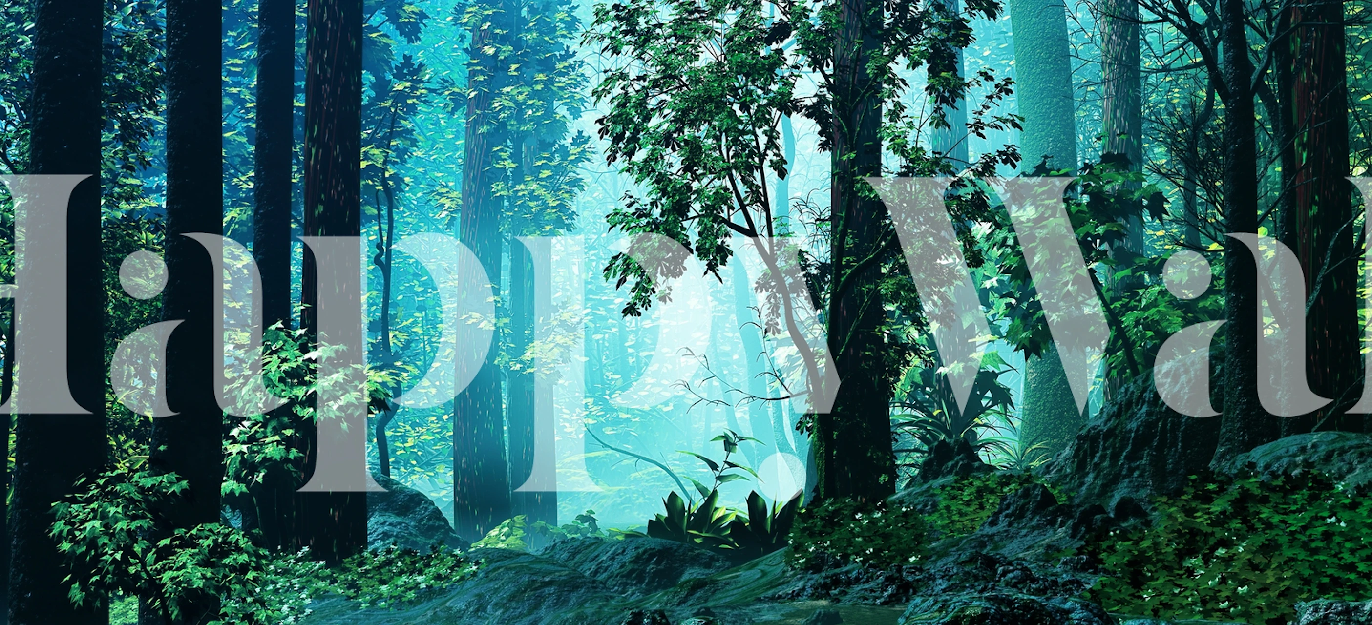 Lush green forest landscape with blue mist wallpaper