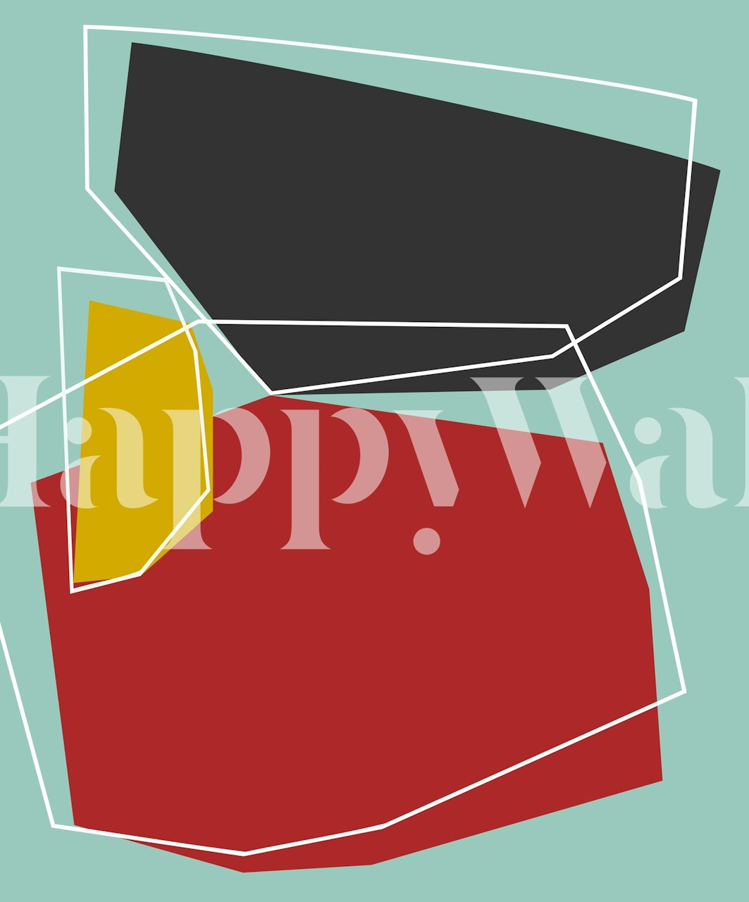 Geometric abstract shapes in red, black, yellow on teal wallpaper