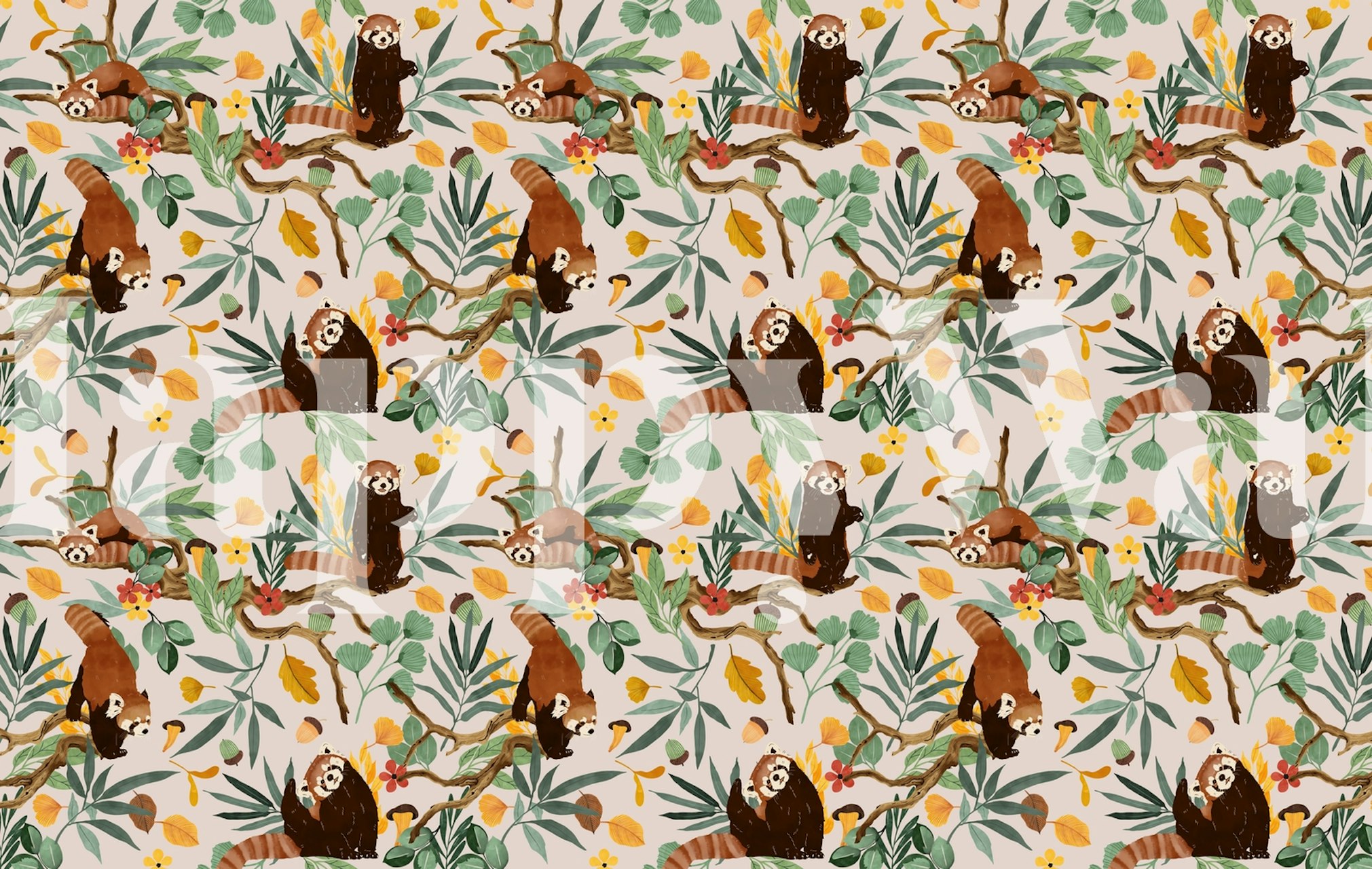 Red pandas climbing trees with colorful leaves and flowers wallpaper