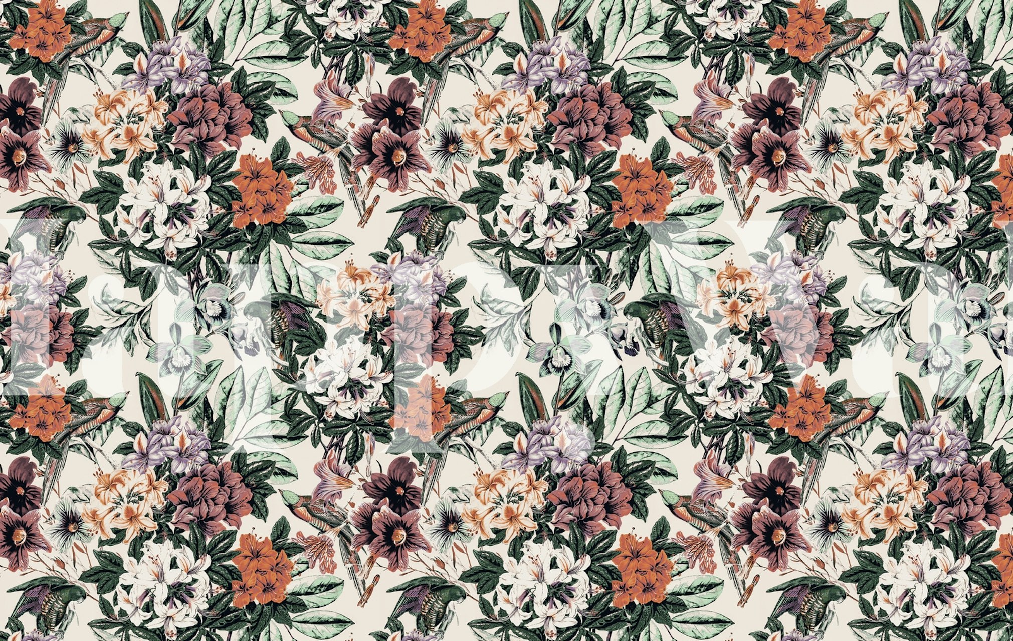 Floral design featuring exotic birds in rich colors wallpaper