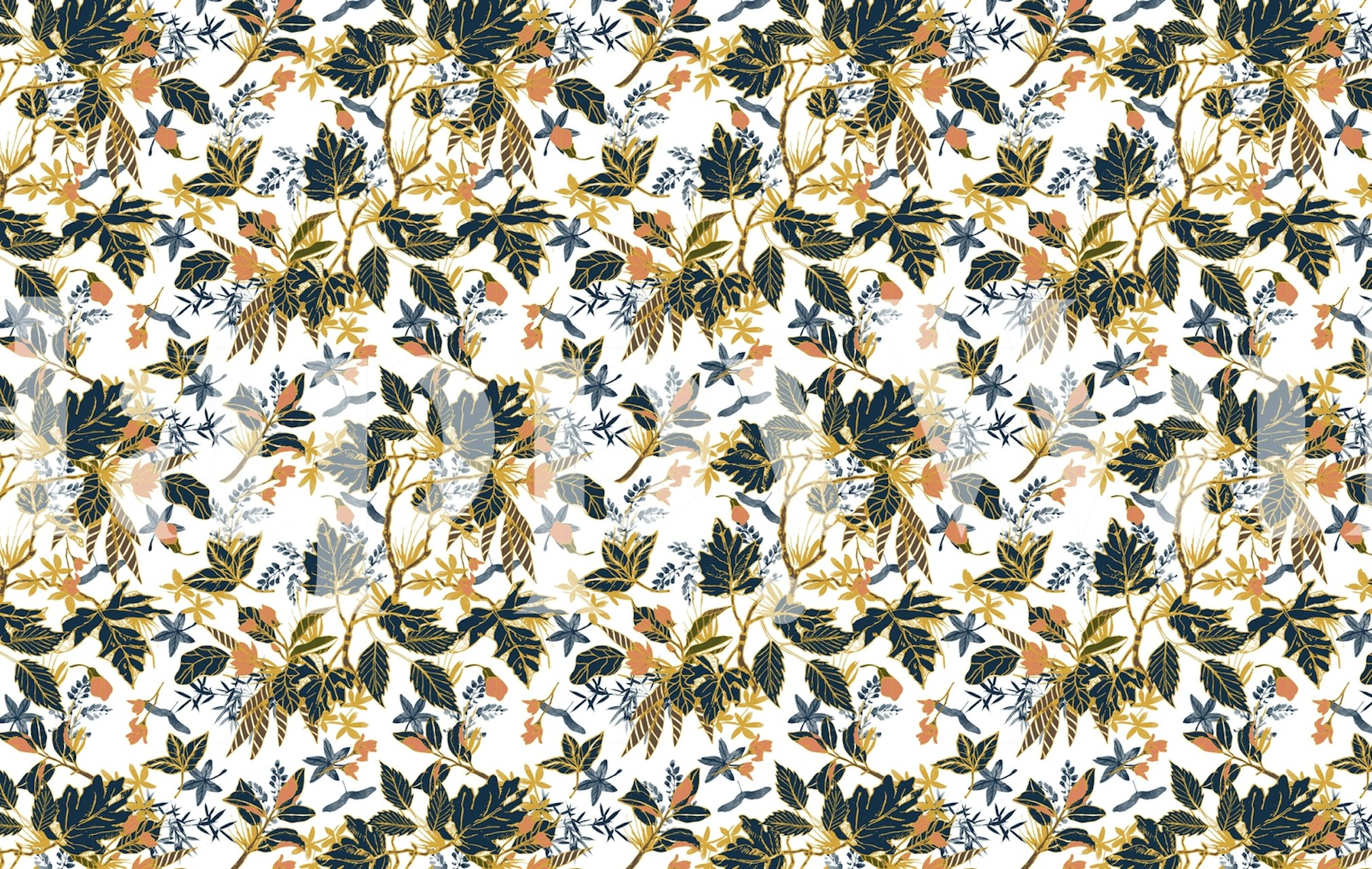 Navy and orange floral pattern on white background wallpaper