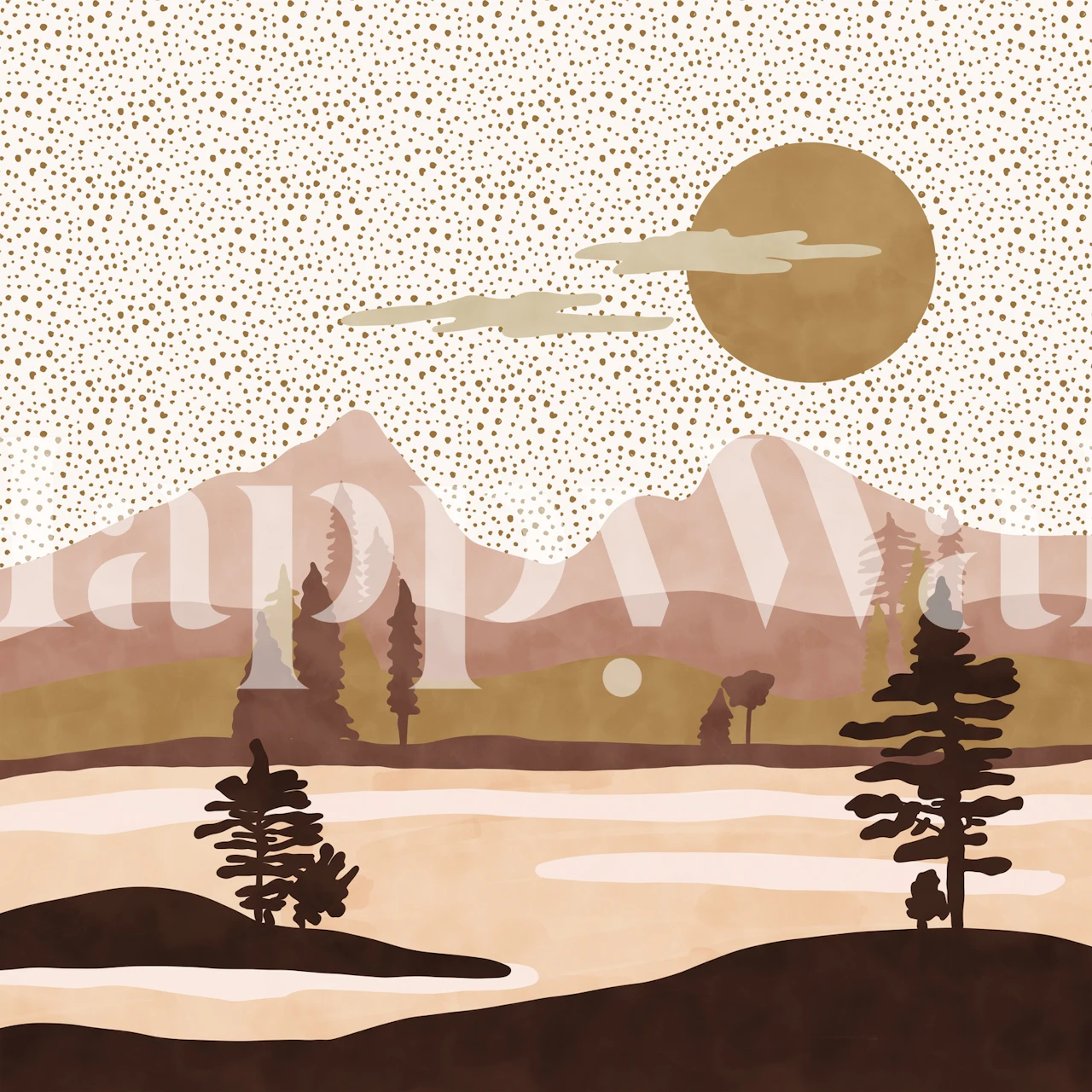 Pink forest landscape with trees and mountains wallpaper