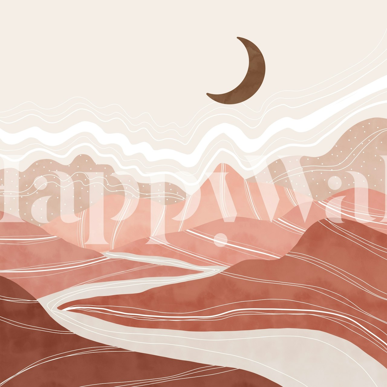 Mountain landscape with pink tones and crescent moon wallpaper