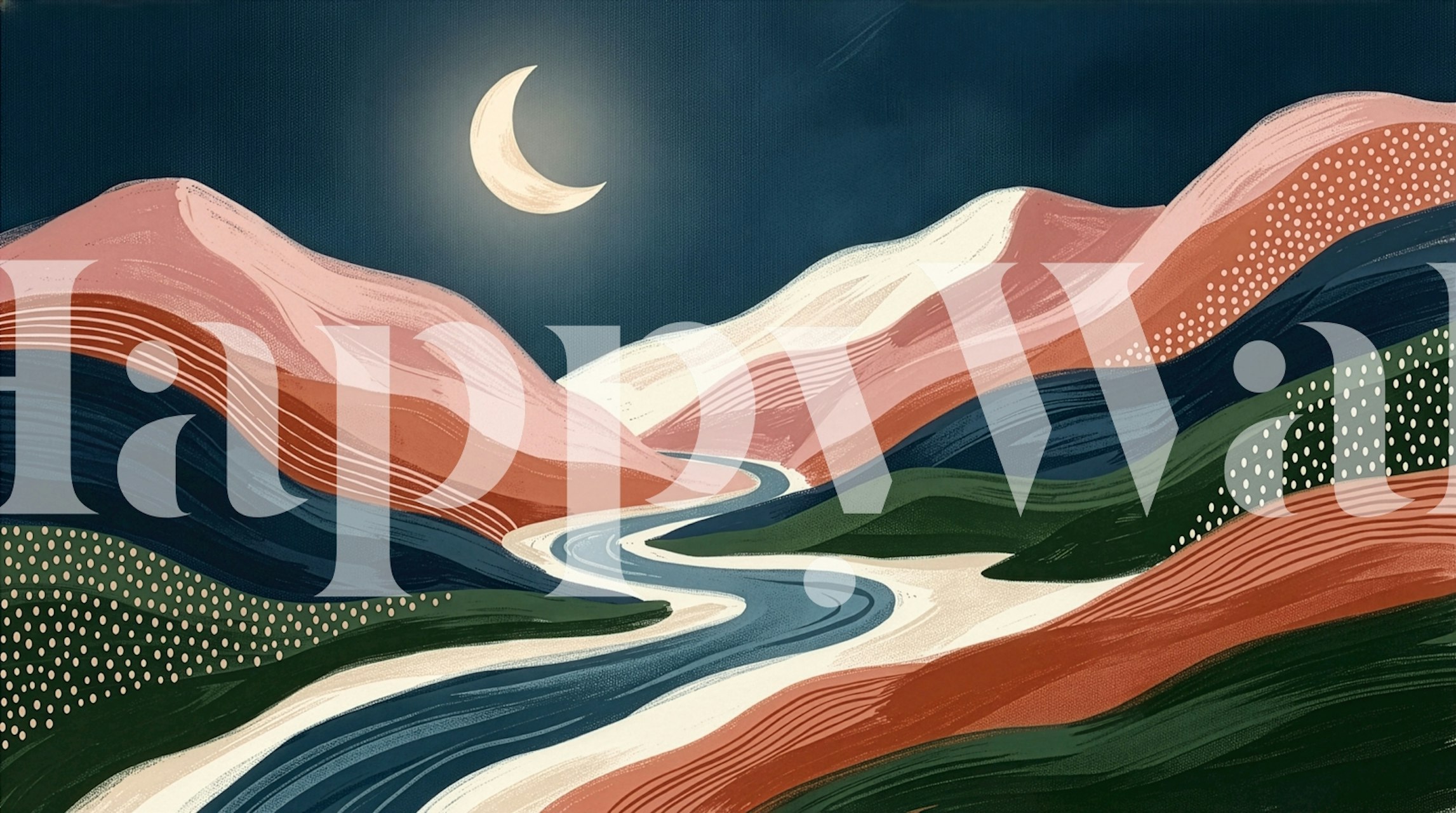 Mountain landscape with pink tones and crescent moon wallpaper