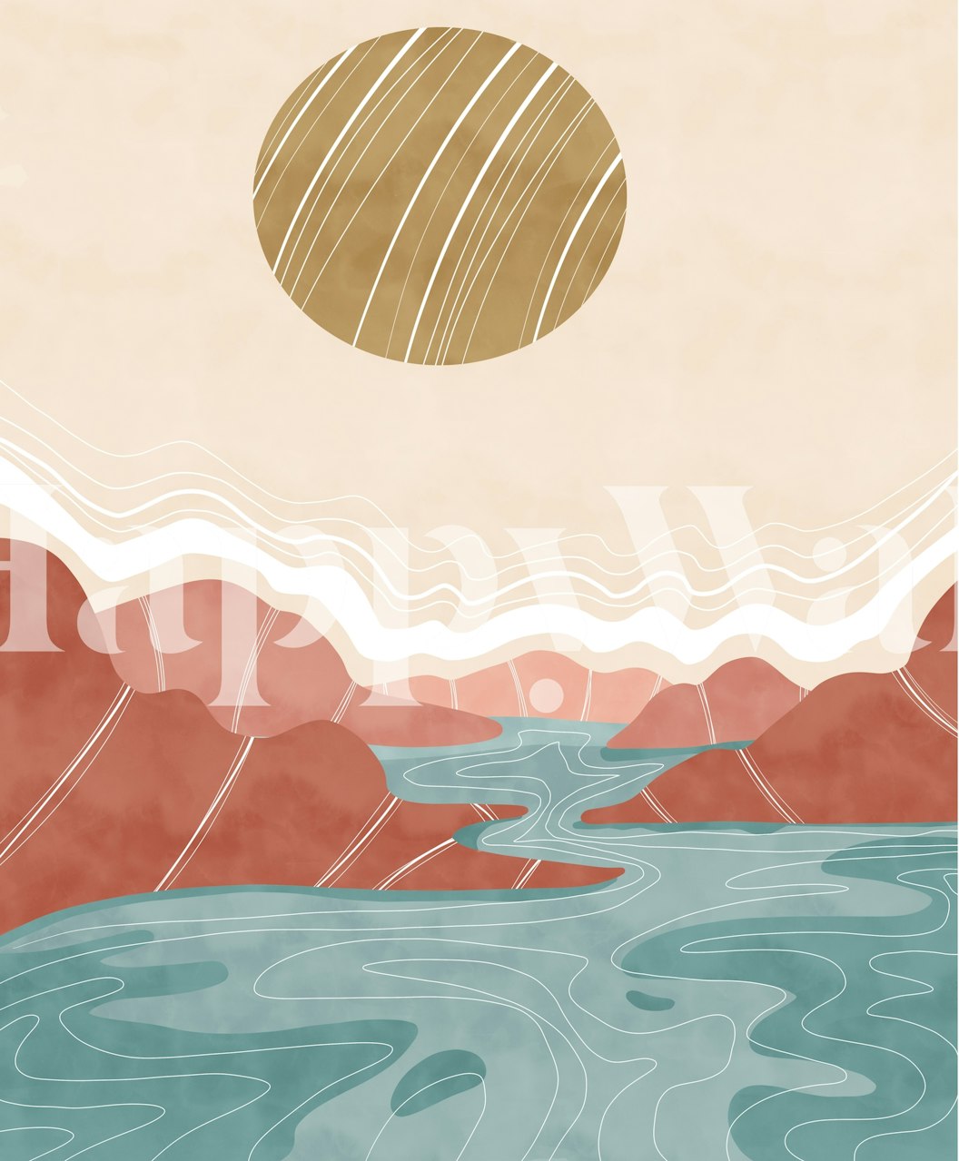 Modern mountainous pink island tapet i ett rum