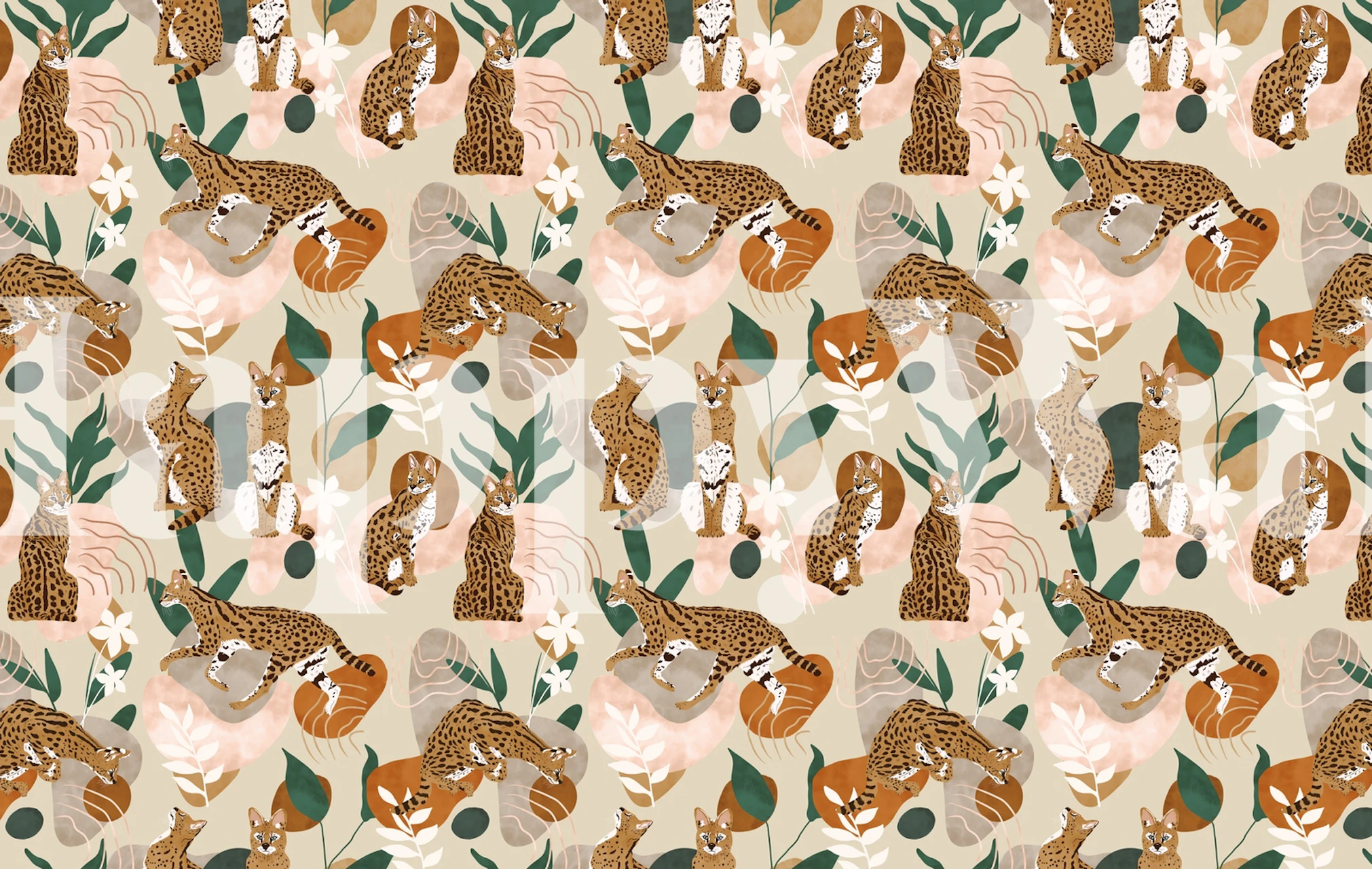 Serval cat abstract nature wall mural with stylized felines and plant motifs on a neutral background.