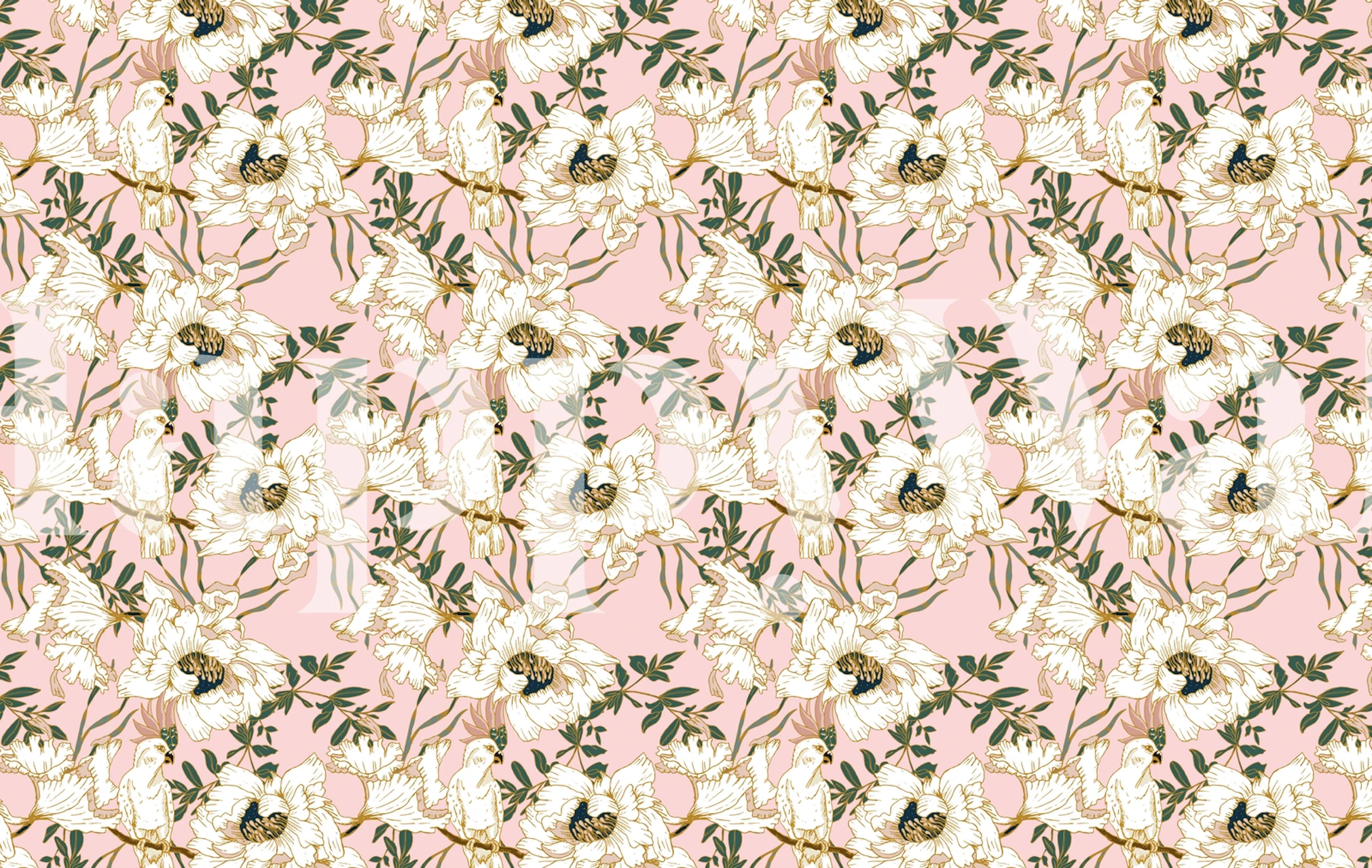 Elegant white tropical birds on a soft salmon-pink background with foliage