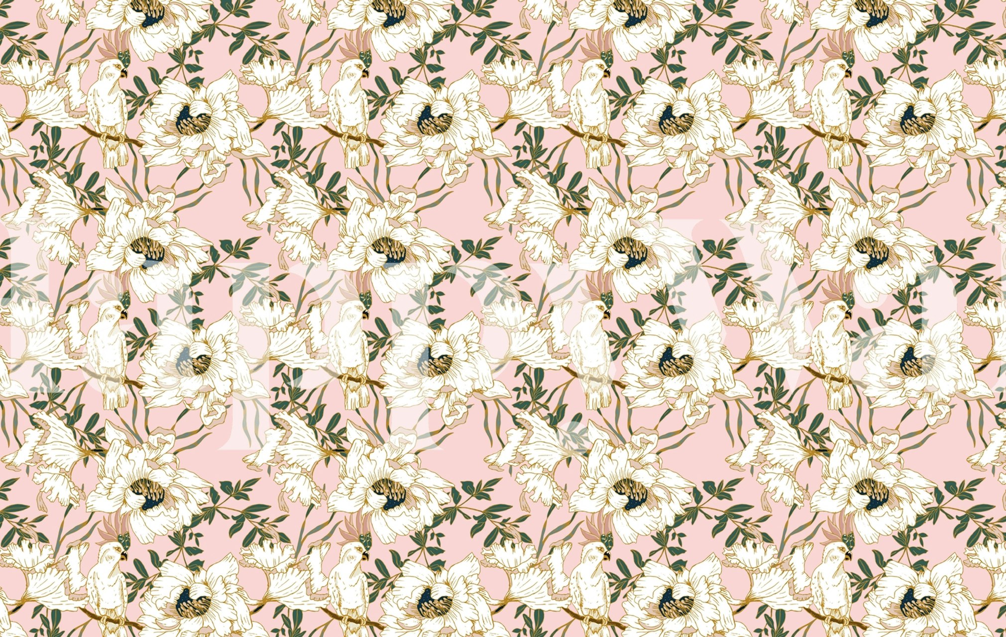 Κομψά λευκά τροπικά πουλιά σε απαλό ροζ σολομού φόντο με φύλλωμα