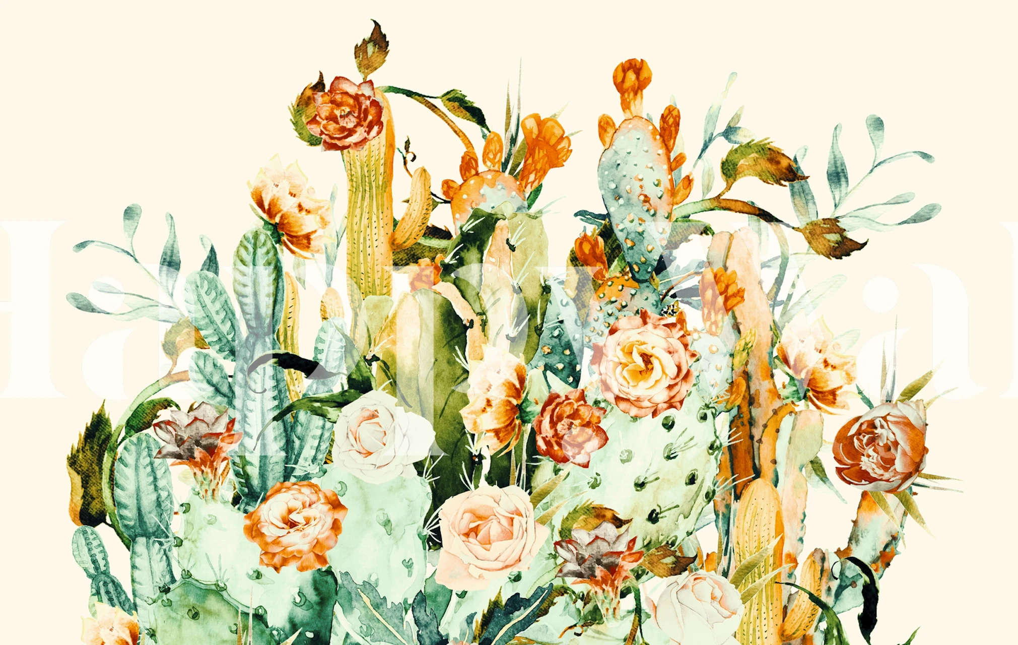 Colorful cactus and floral patterns in pink, green, and yellow wallpaper