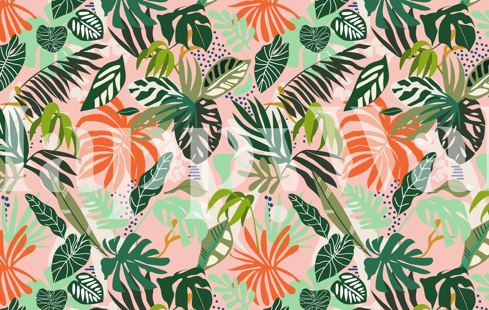 Tropical jungle leaf design with vibrant green and orange foliage on a soft pink background wallpaper