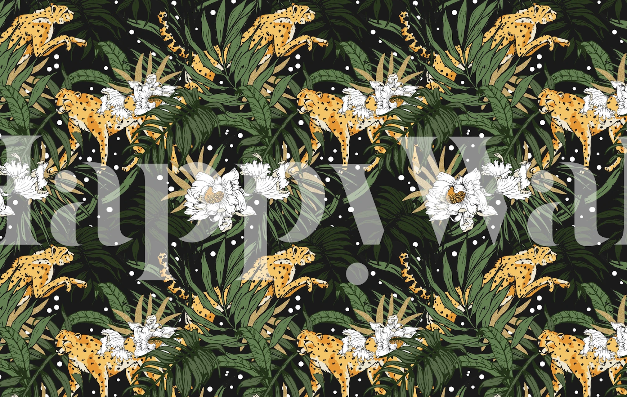 Yellow cheetah with green leaves and white flowers on black wallpaper