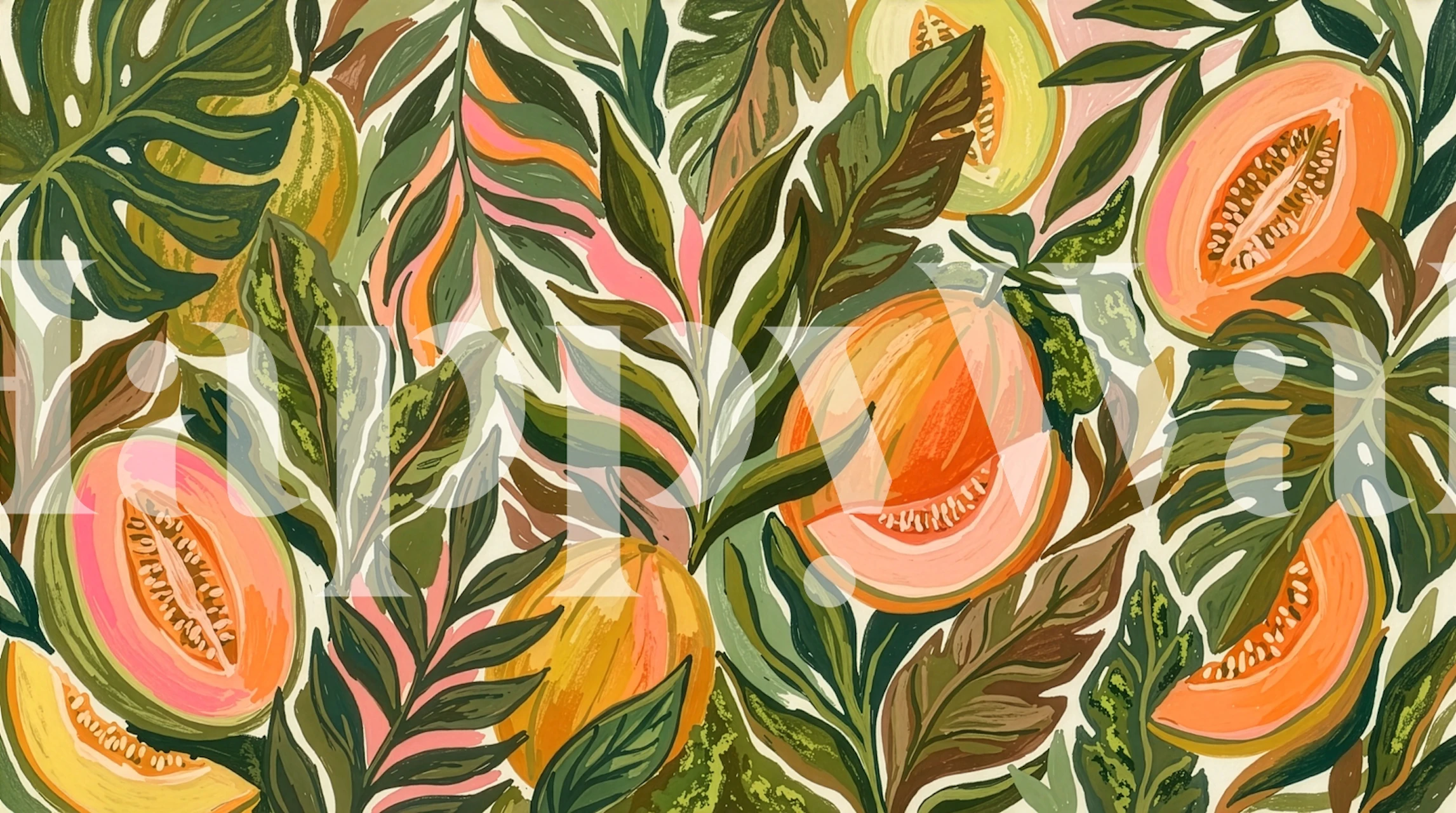 Tropisk blad og melon veggmaleri med levende grønt løvverk og ferske melonskiver på pastellbakgrunn