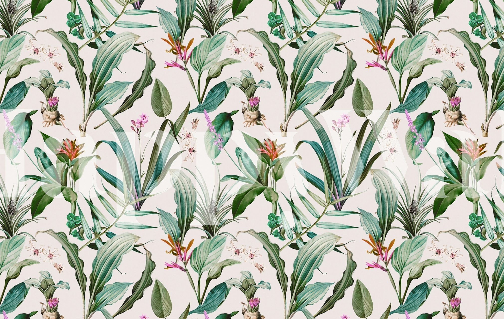 Blue botanical floral pattern wallpaper, green leaves, and pink flowers
