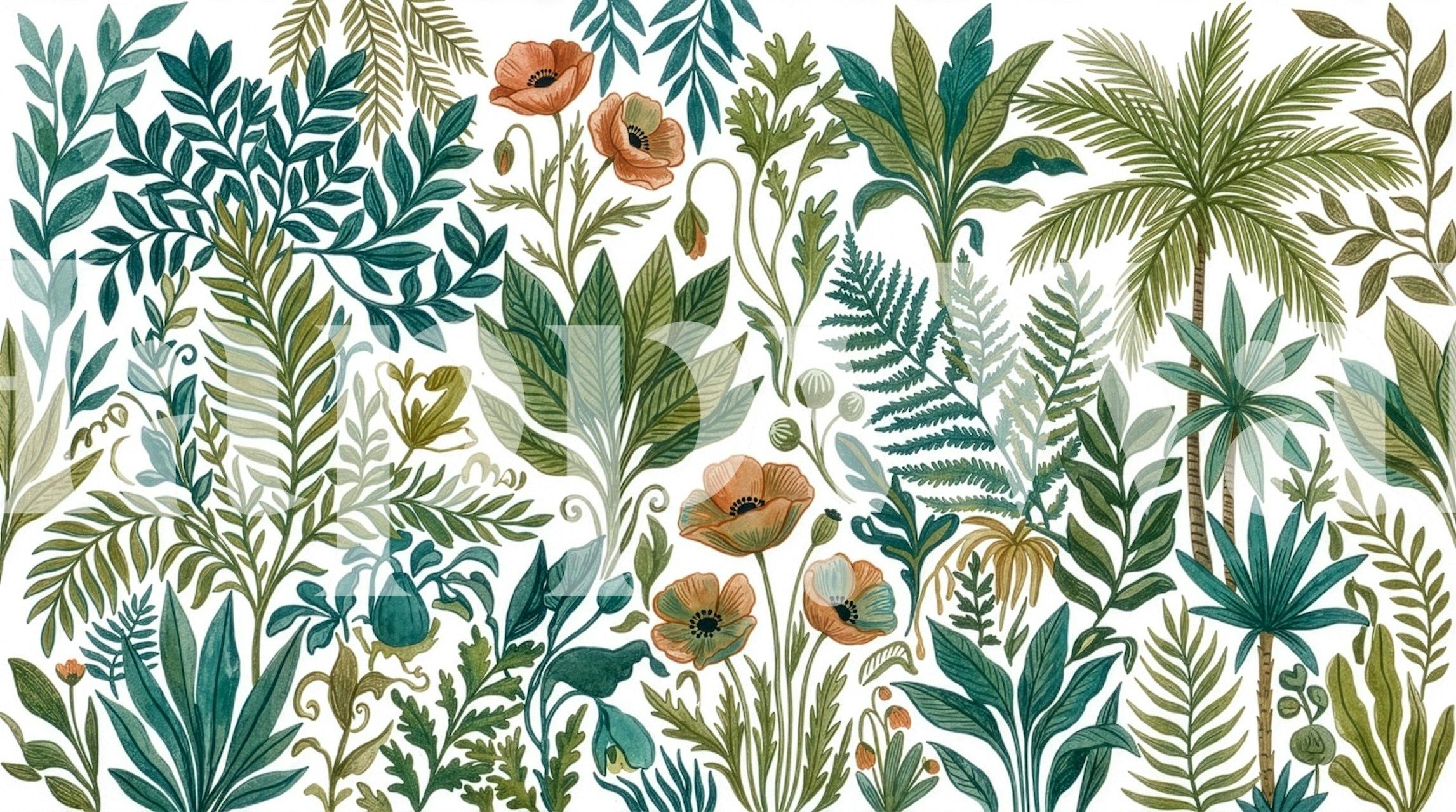 Blue botanical floral pattern wallpaper, green leaves, and pink flowers