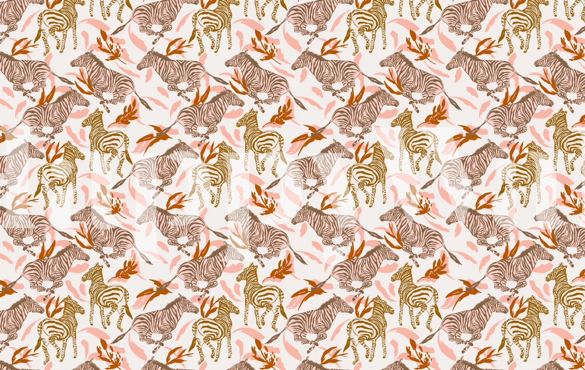 Zebra and floral patterns in pink, brown, and cream wallpaper