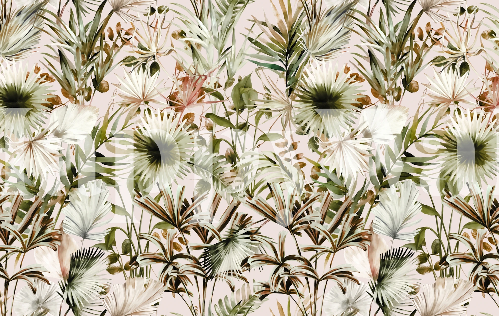 Tropische zonsondergang muurschildering met groen blad en roze tinten