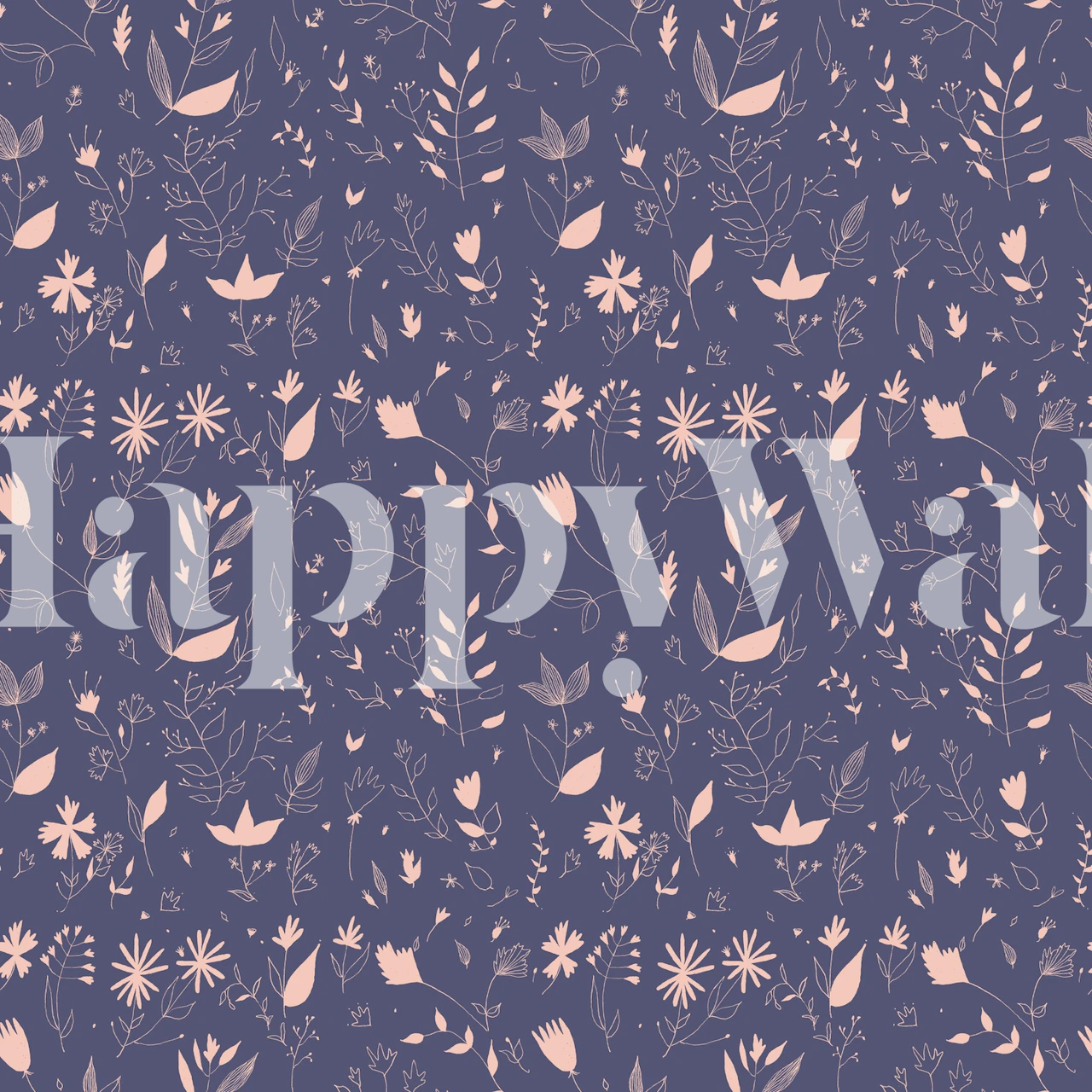 Floral pattern with pink flowers and green leaves on navy background wallpaper