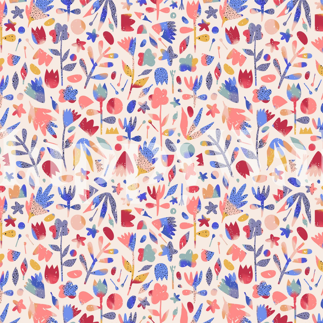 Colorful floral patterns in pink, blue, and yellow wallpaper