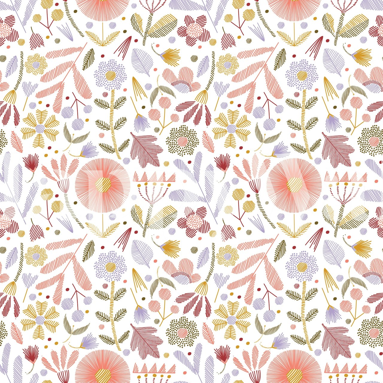Floral pattern in pink, lavender, and yellow on a white background wallpaper