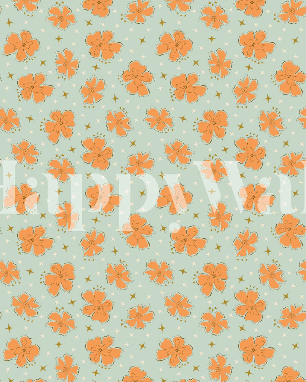 Orange flowers on a teal background wall mural design