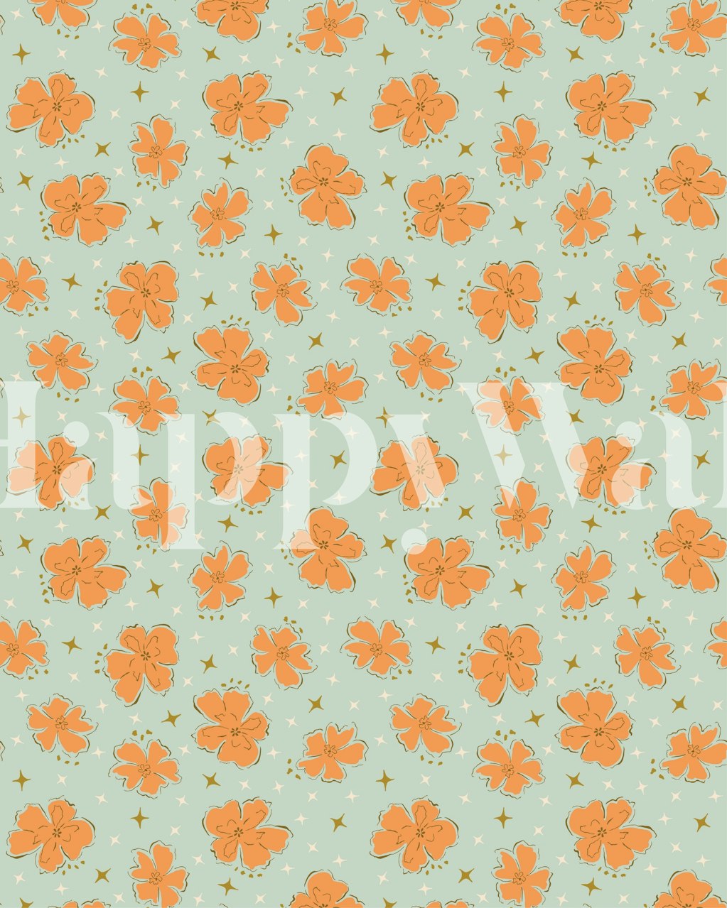 Orange flowers on a teal background wall mural design