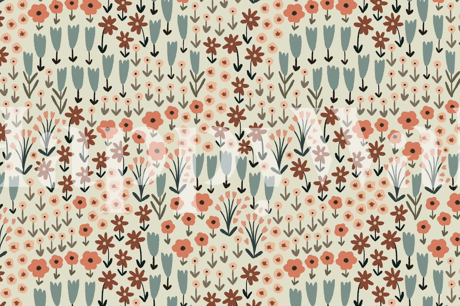 Floral pastel design on cream background with pink and green flowers wallpaper