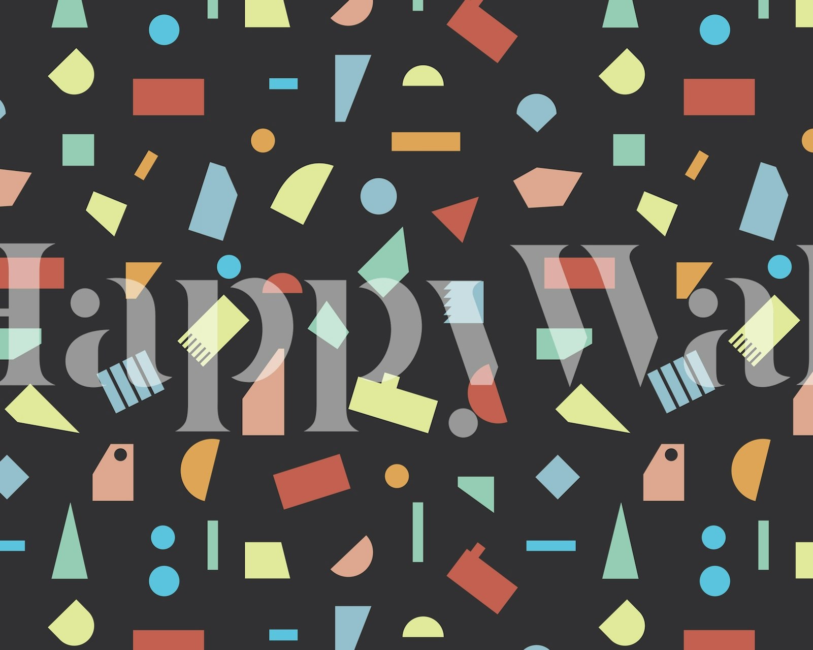 Papel de parede com padrão geométrico, fundo escuro e formas coloridas