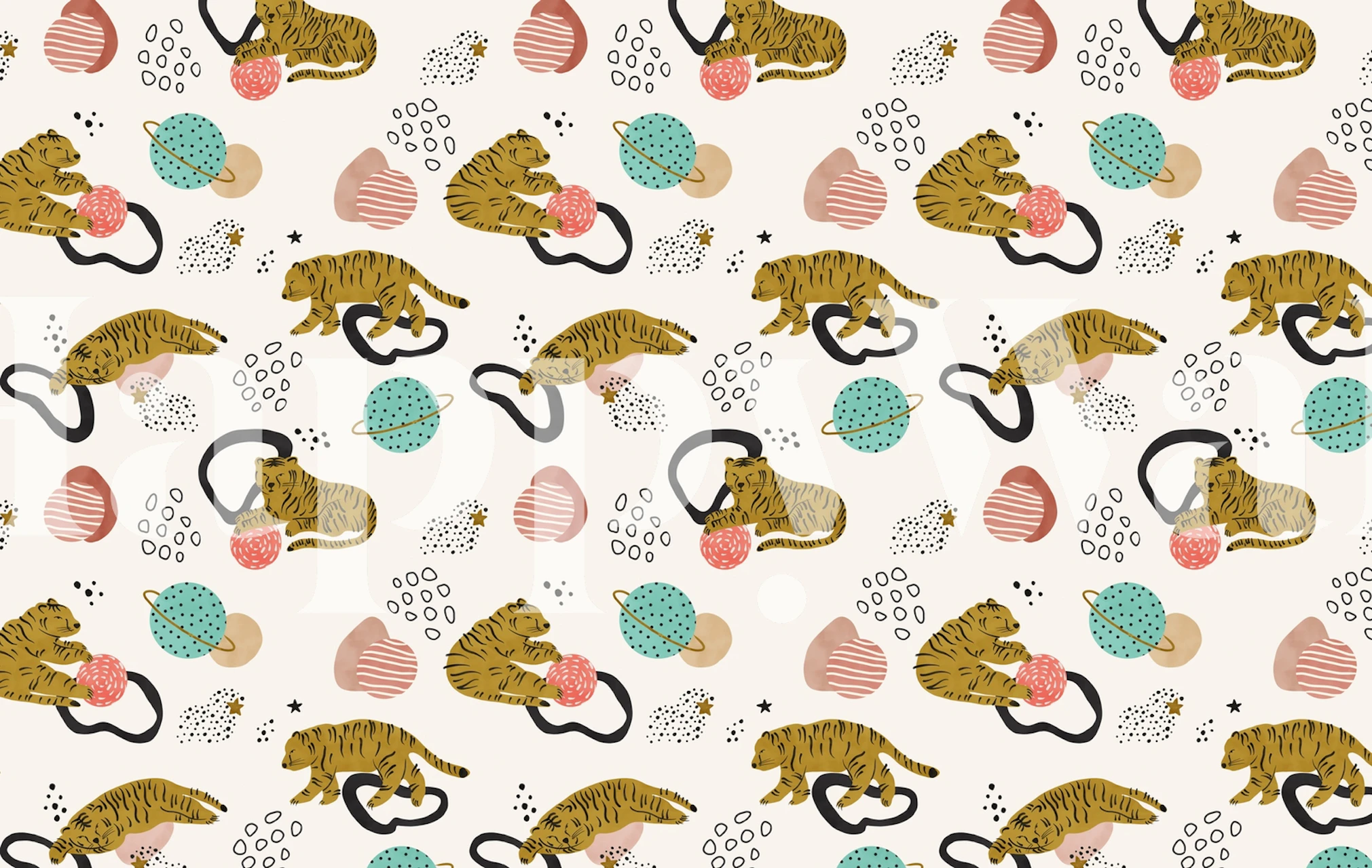 Playful tigers with colorful abstract shapes wallpaper