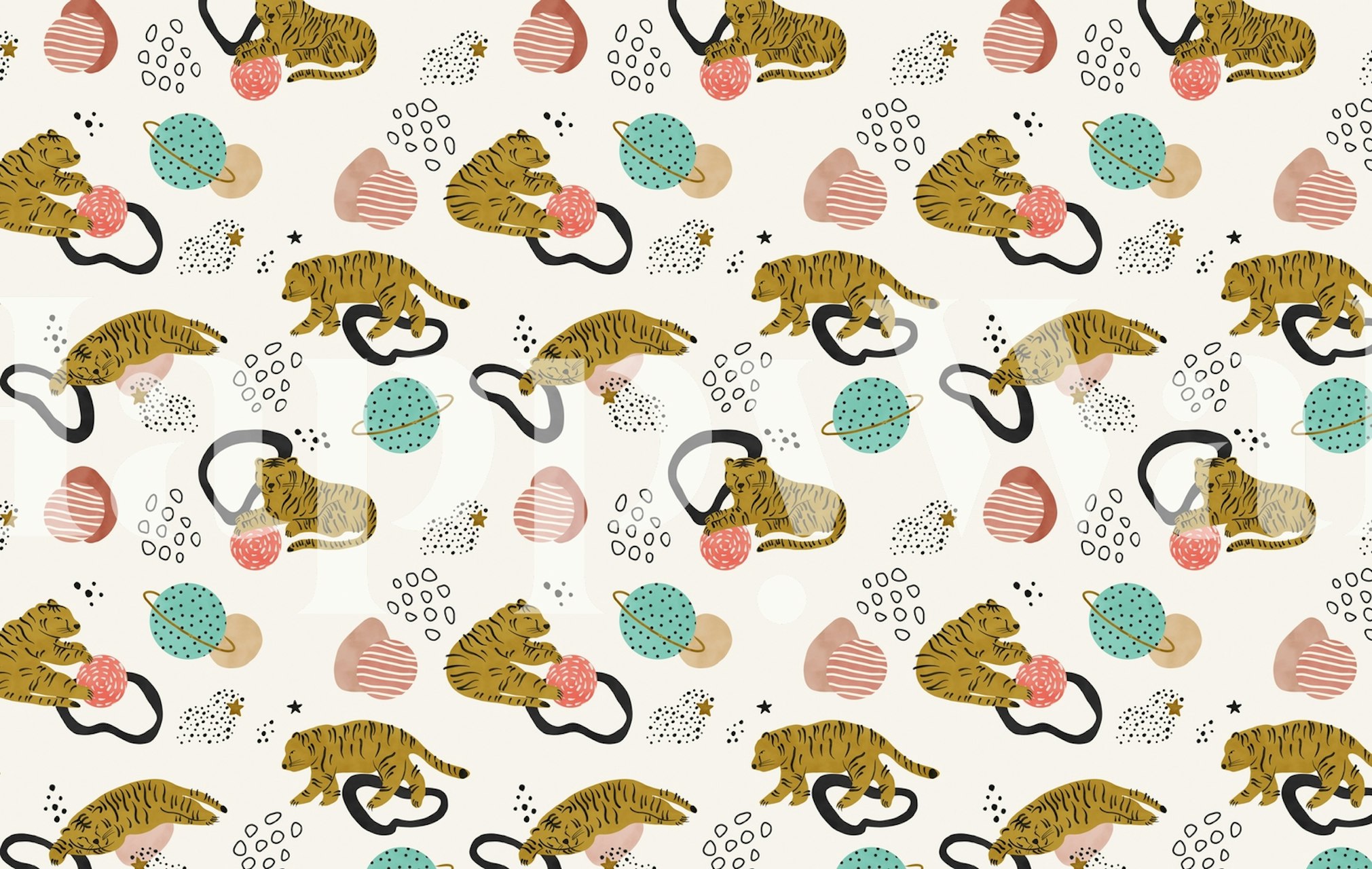 Playful tigers with colorful abstract shapes wallpaper