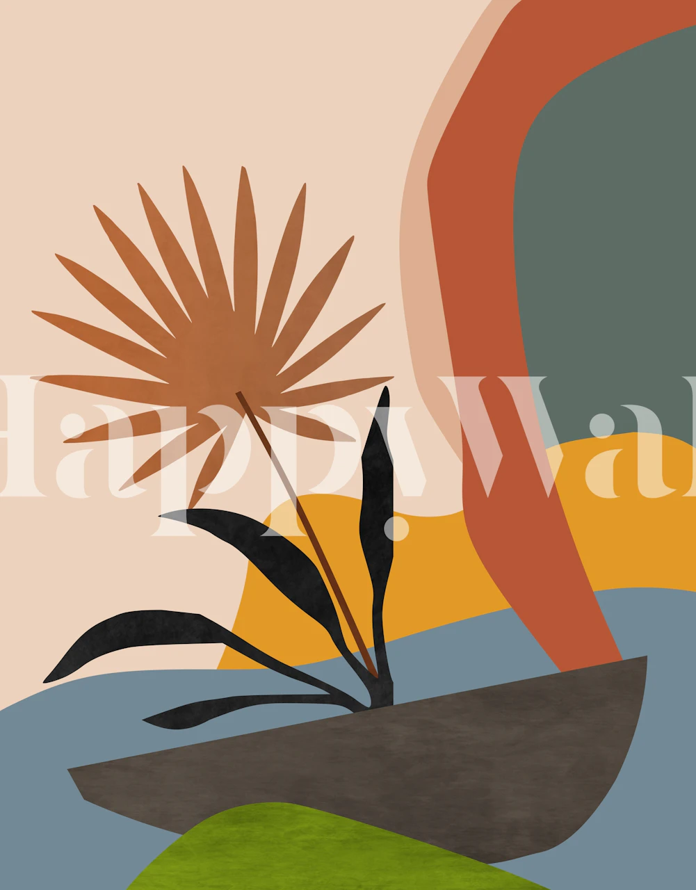 Minimal tropical scenery with a large plant in a black pot, warm colors and abstract shapes wallpaper.