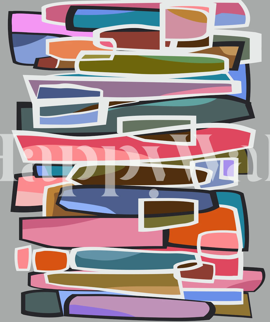 Colorful abstract wallpaper with stacks of books in pink, blue, and brown