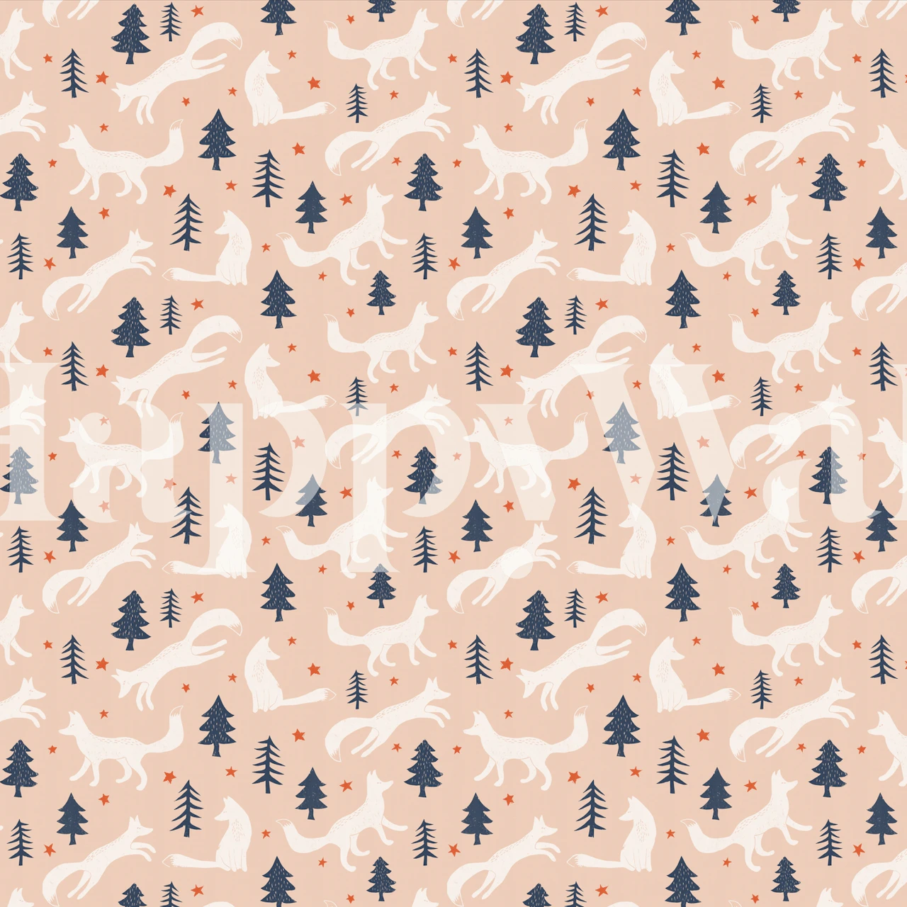 Whimsical Nostalgic Foxes Apricot wall mural with playful foxes and serene trees on a soft apricot background.