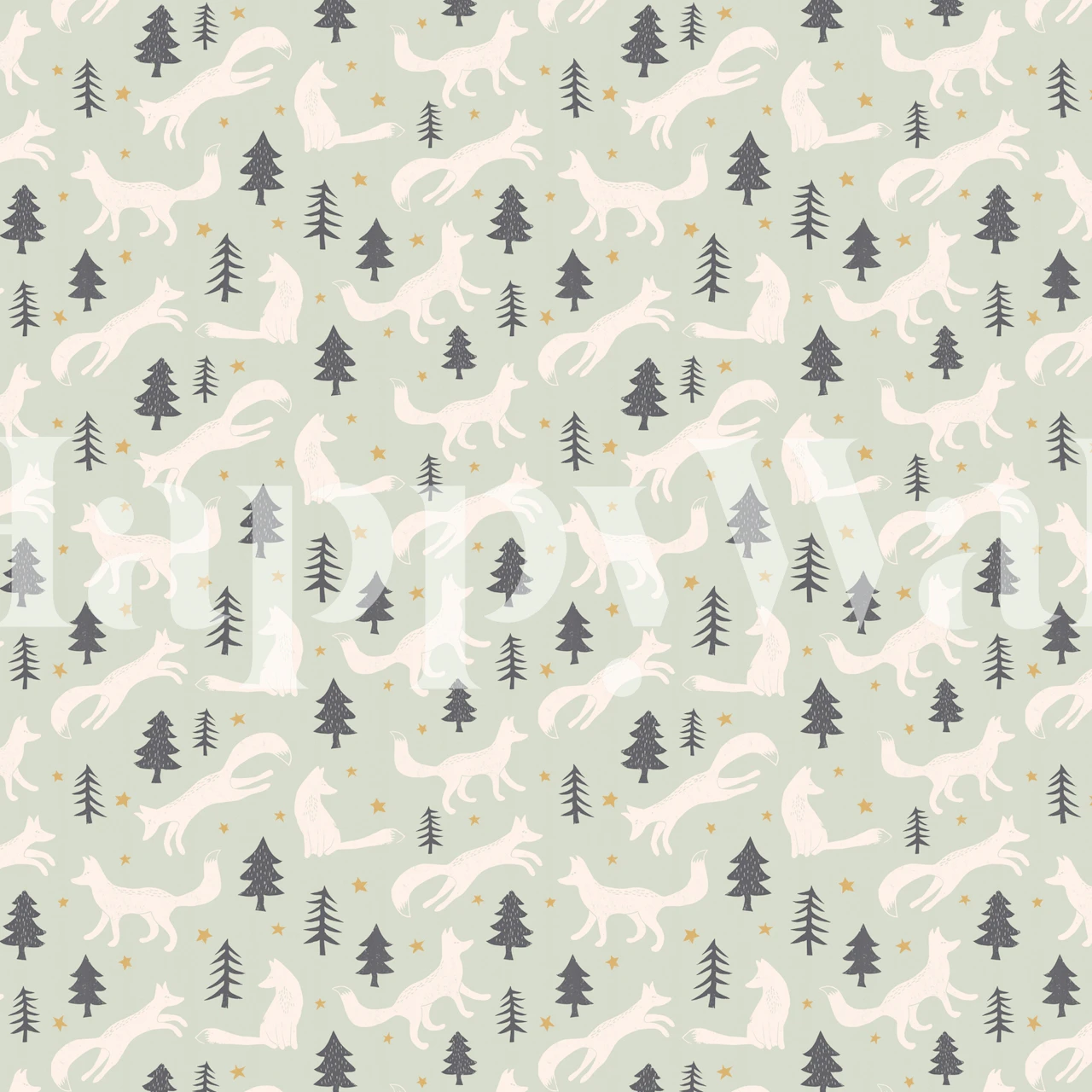 Nostalgic foxes and pine trees pattern in soft colors wallpaper