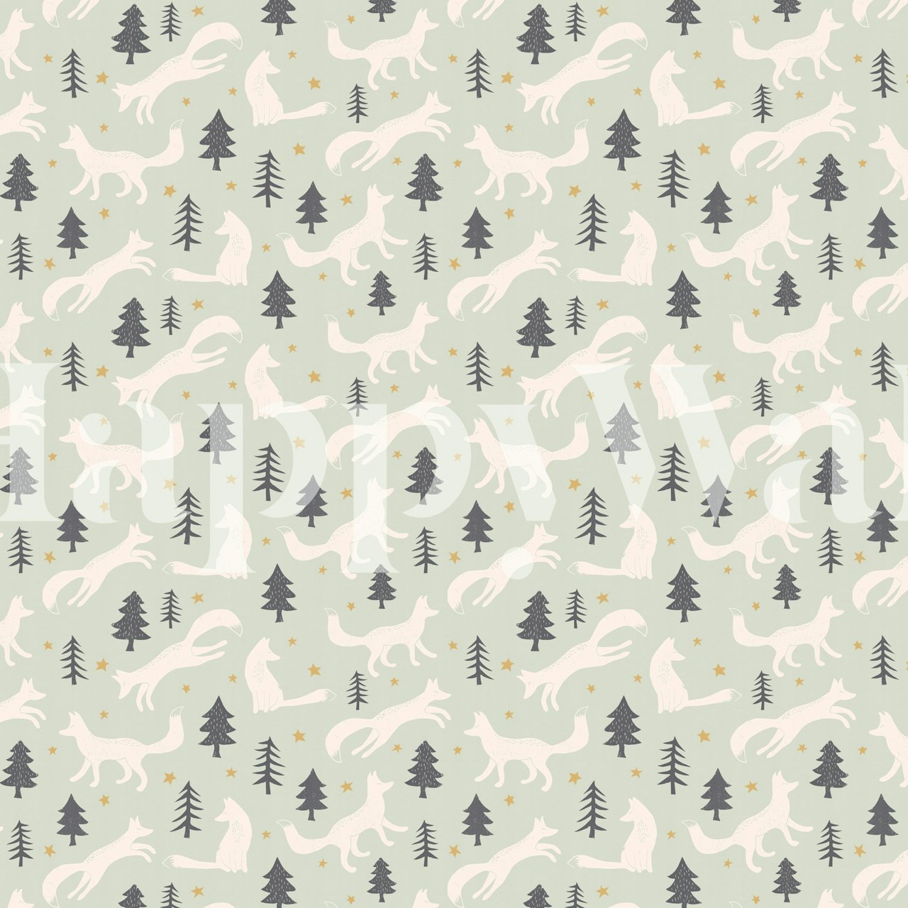Nostalgic foxes and pine trees pattern in soft colors wallpaper