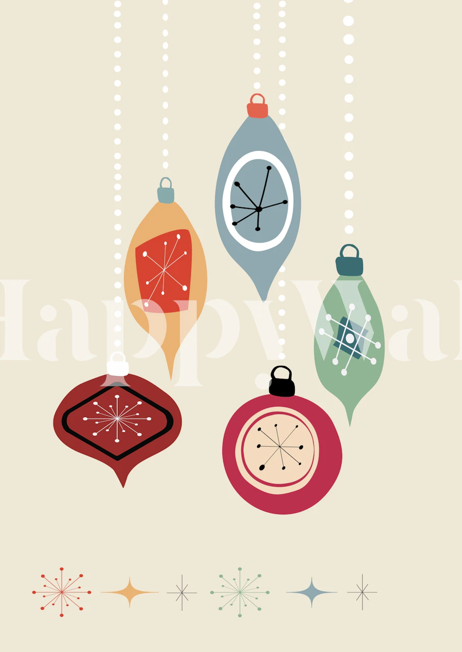 Retro Christmas baubles in red, blue, green, and orange on beige wallpaper