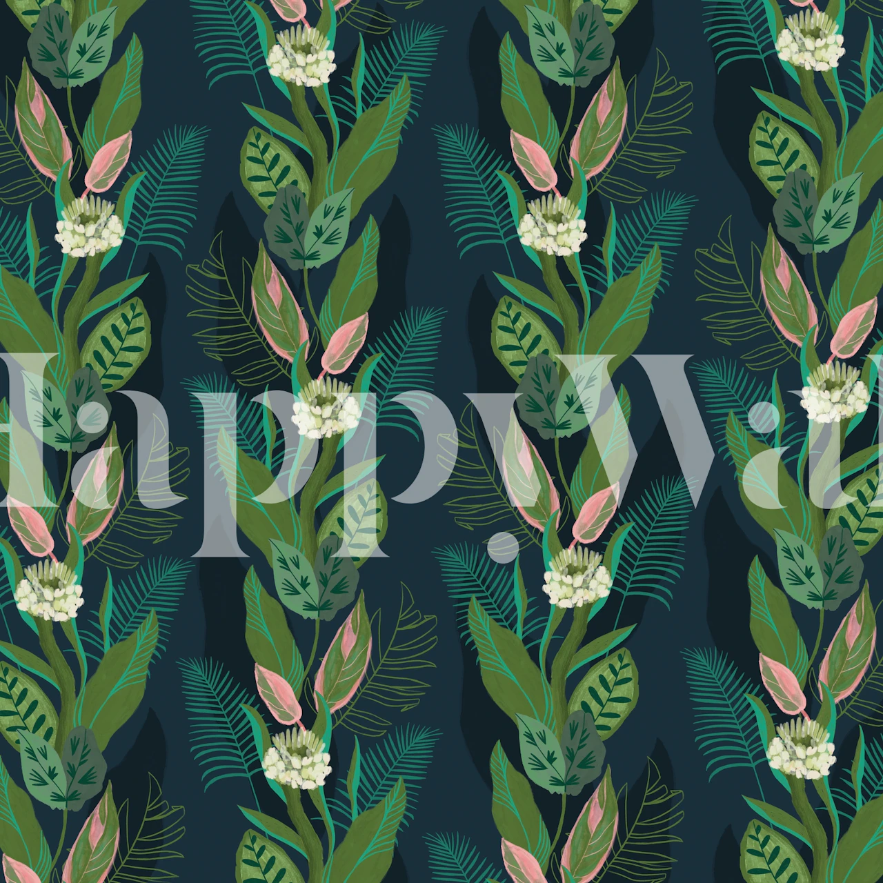 Tropical floral wallpaper with green leaves and pink flowers on a dark background