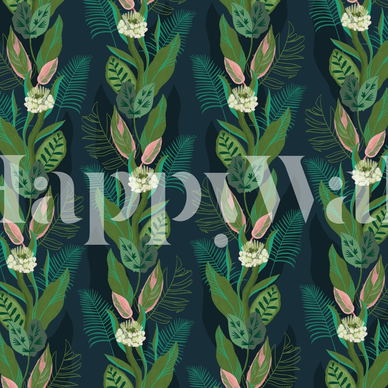 Tropical floral wallpaper with green leaves and pink flowers on a dark background