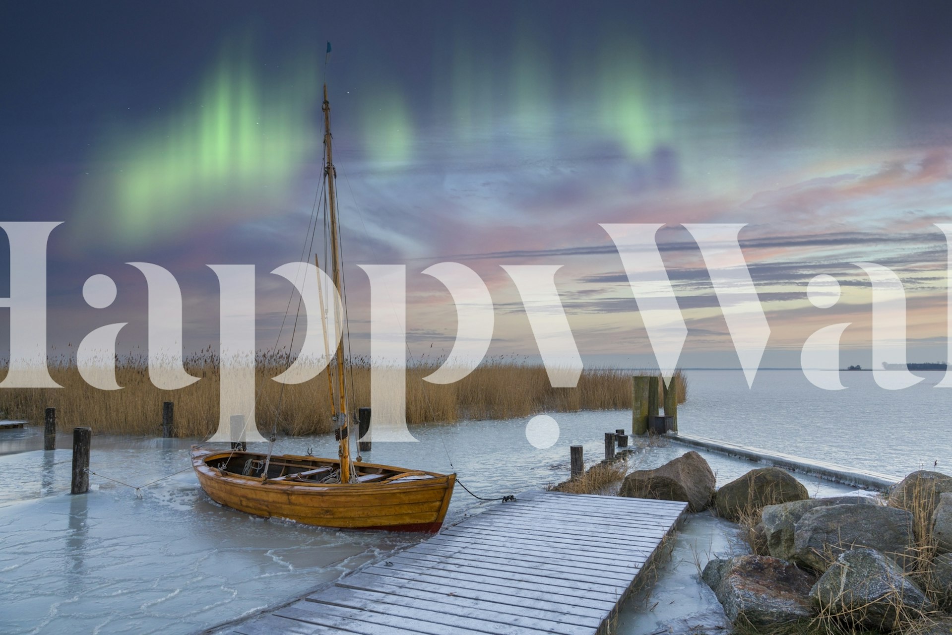 Northern lights wallpaper in a cozy room