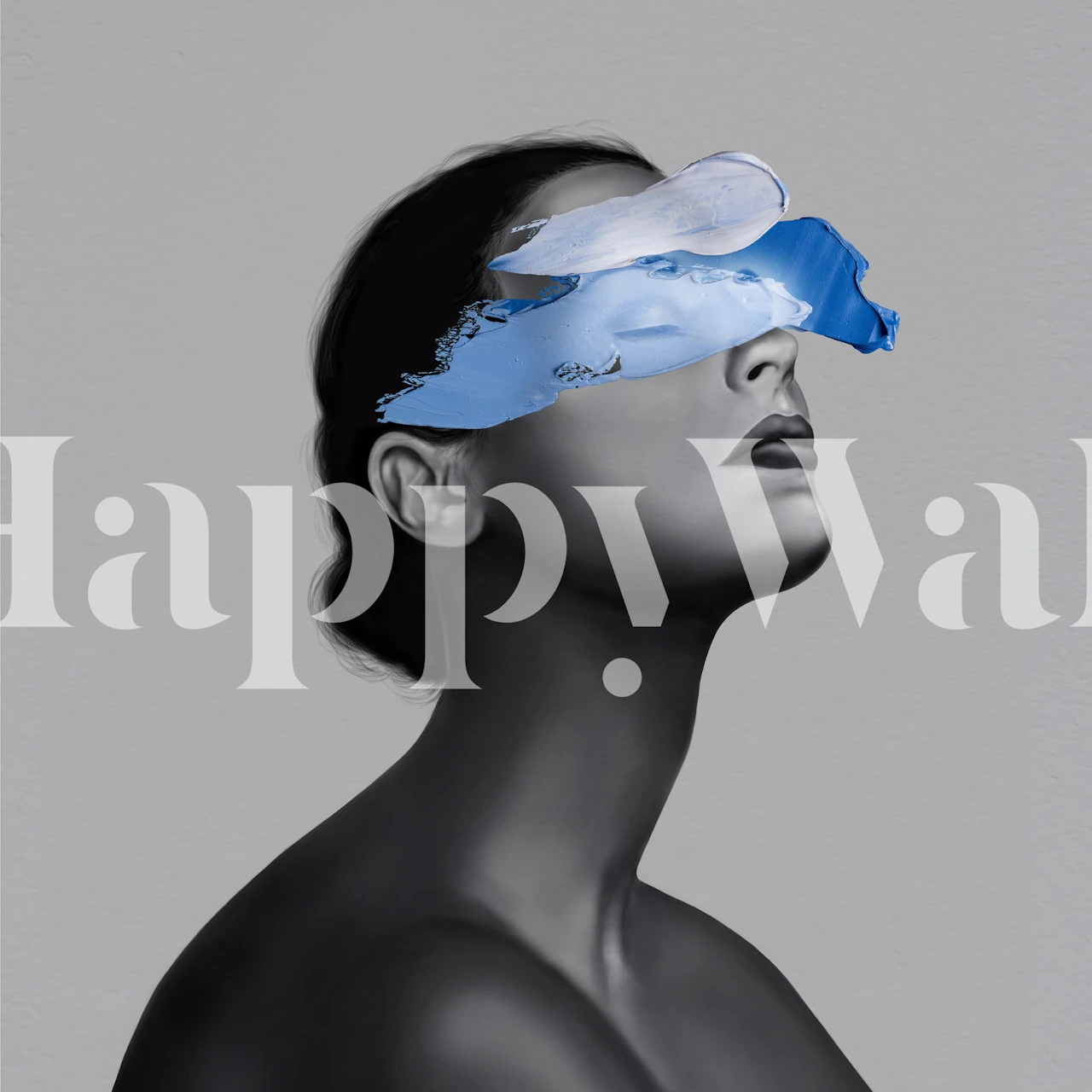 Artistic wall mural of a girl with blue paint overlay