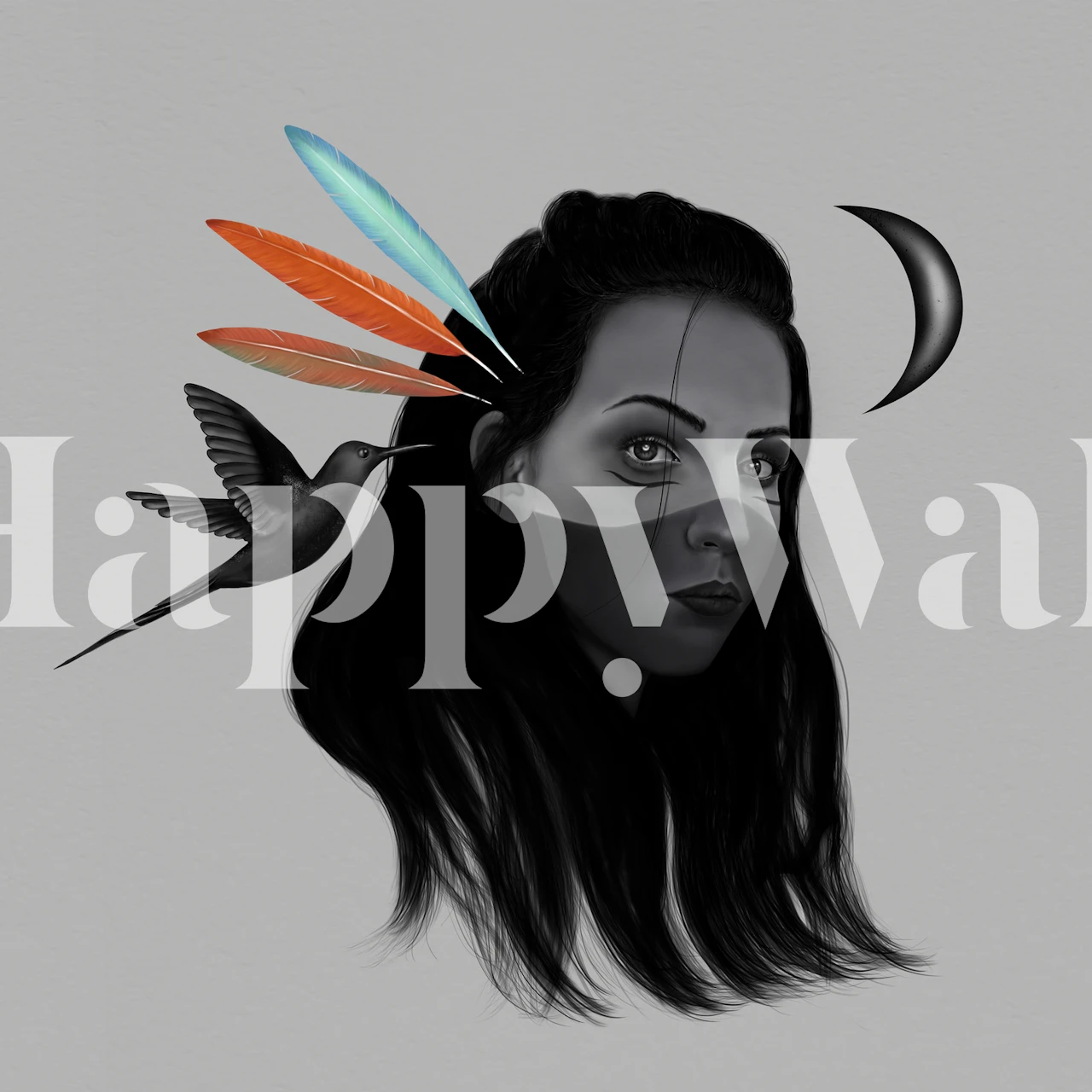 Black and white abstract portrait of a girl with colorful feathers and a bird wallpaper