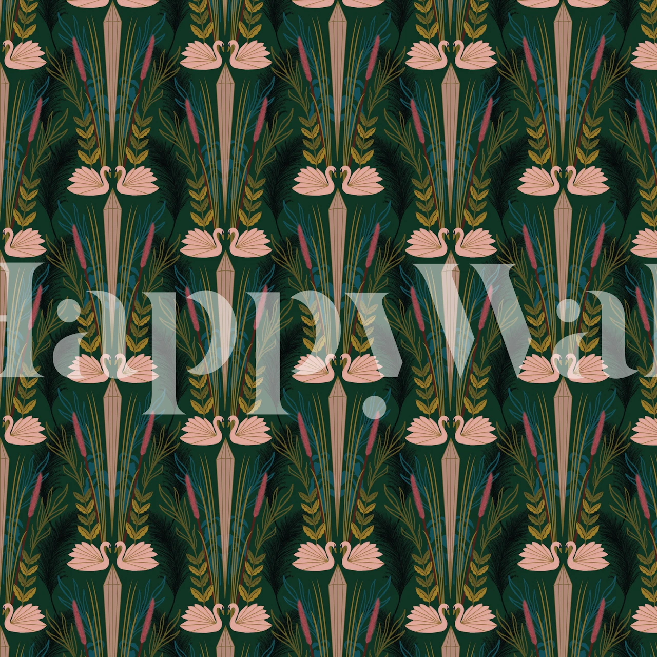 Pink swans among green foliage in floral pattern wallpaper
